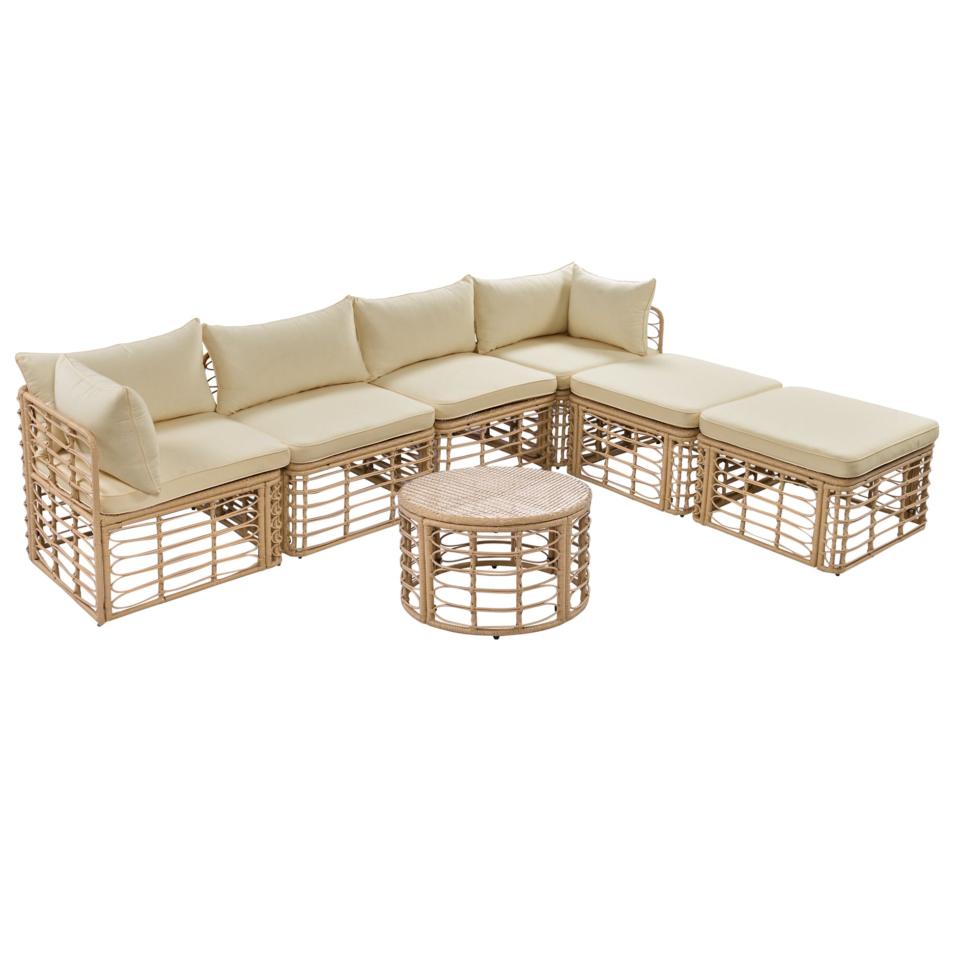 GO 7 Pieces Outdoor Patio Furniture, All-Weather Rattan Sectional Sofa Set with Thick Cushions and Pillows, Freely Combined Conversation Sets for Garden, Backyard, Balcony, Brown image 12