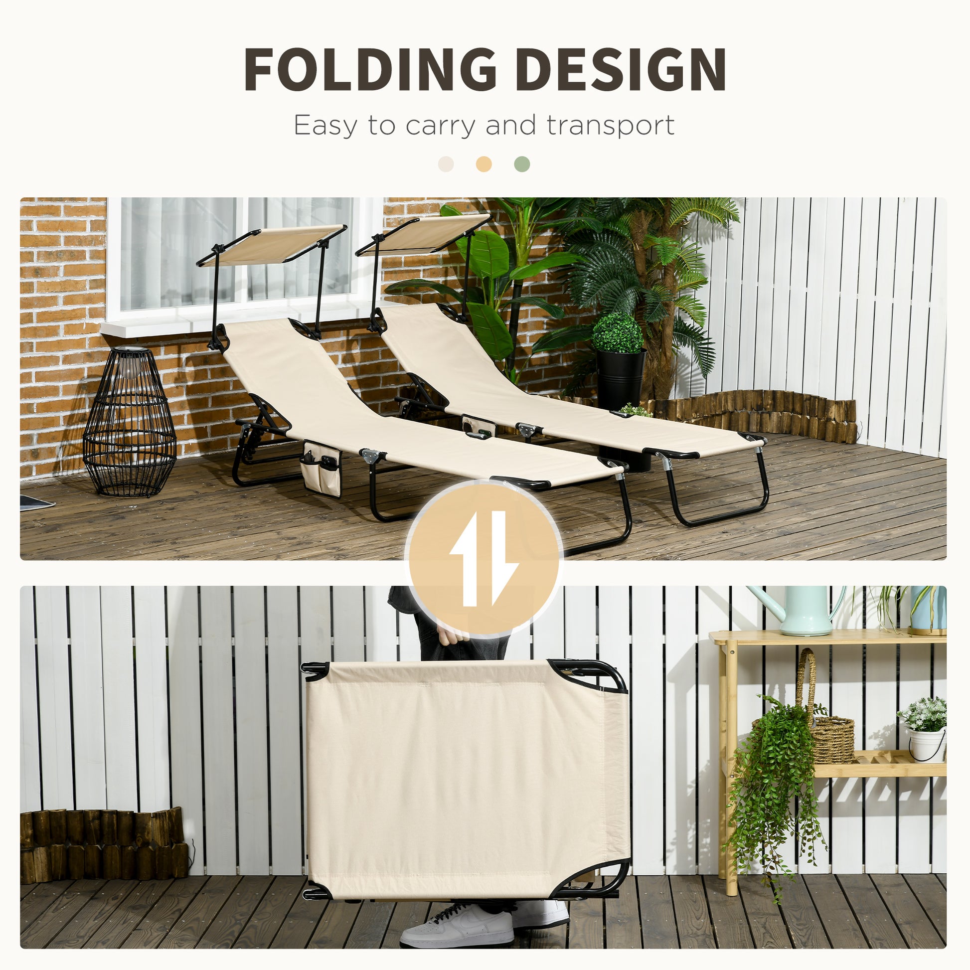 Outsunny Folding Chaise Lounge Pool Chairs, Outdoor Sun Tanning Chairs with Canopy Shade, Reclining Back, Steel Frame and Side Pocket for Beach, Yard, Patio, Tan image 6