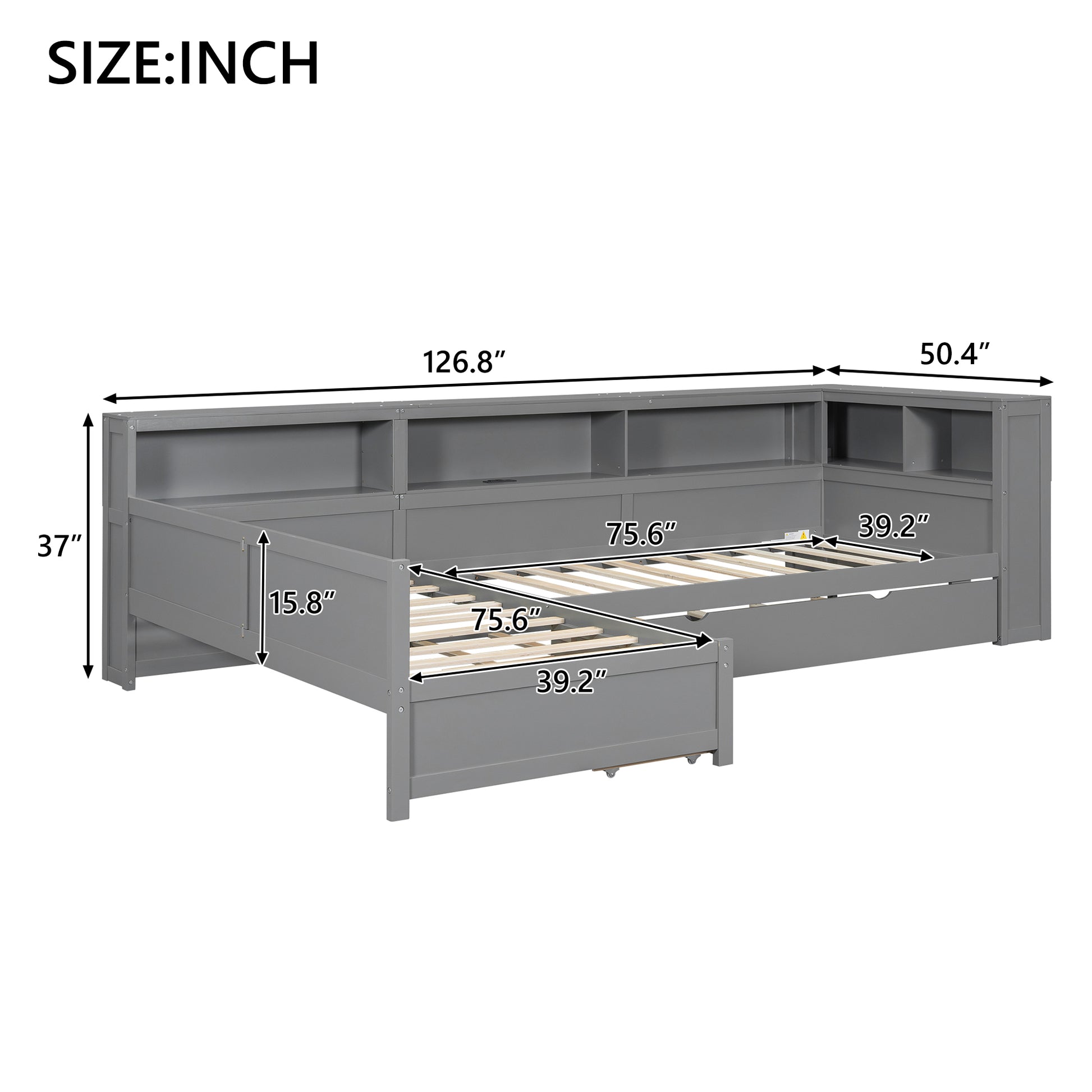 Wood Twin Size L-shaped Platform Bed with Trundle and a Drawer, Grey(Old SKU:N7090001045E) image 11
