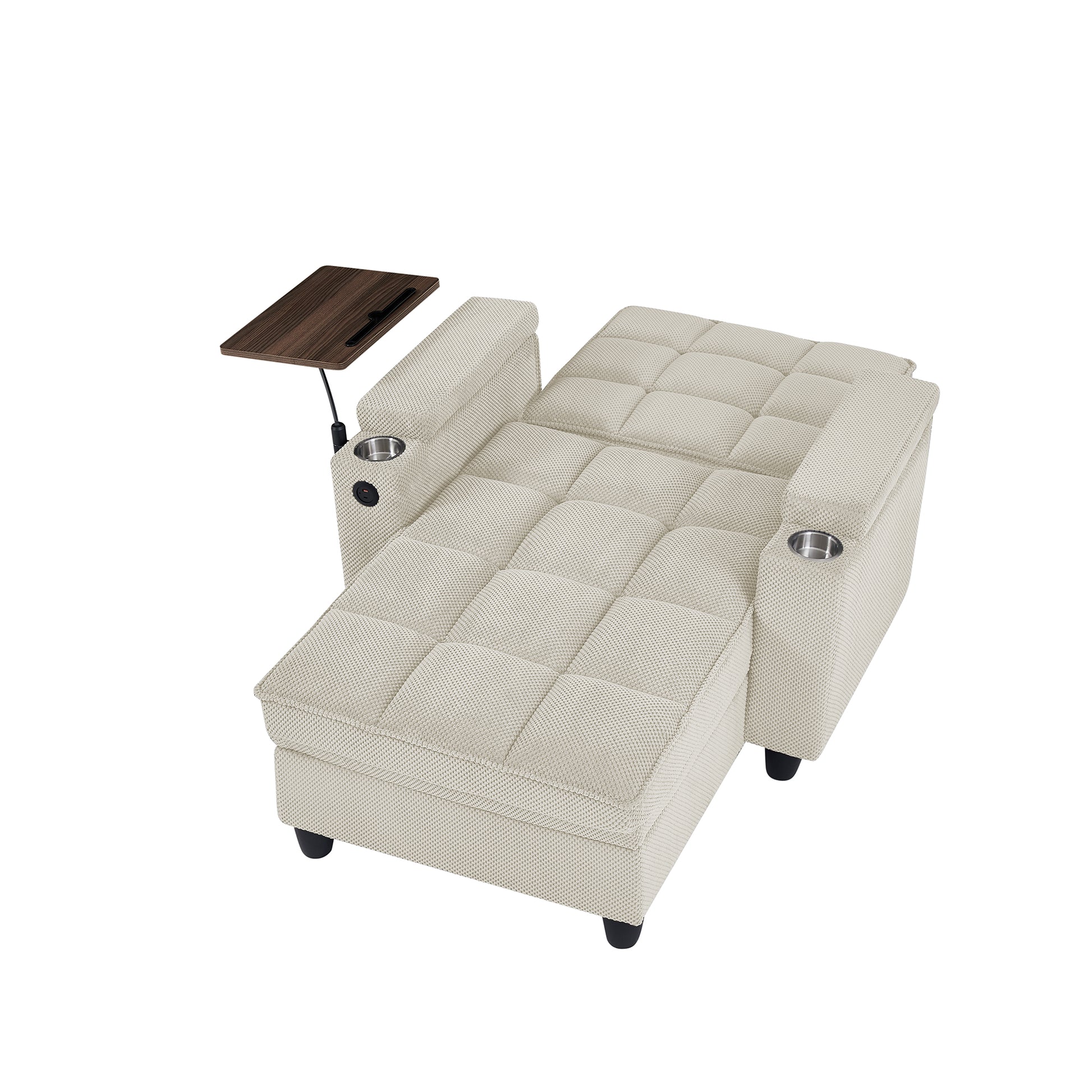 Beige Chaise Lounge Sofa,Sleeper Chair Bed with 6-Position Adjustable Backrest,USB Ports, Cup Holder and Swivel Side Table image 10