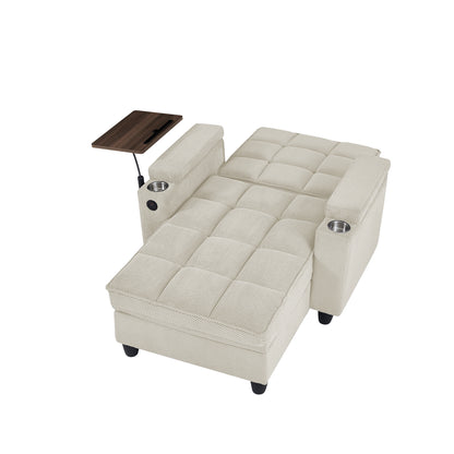 Beige Chaise Lounge Sofa,Sleeper Chair Bed with 6-Position Adjustable Backrest,USB Ports, Cup Holder and Swivel Side Table image 10