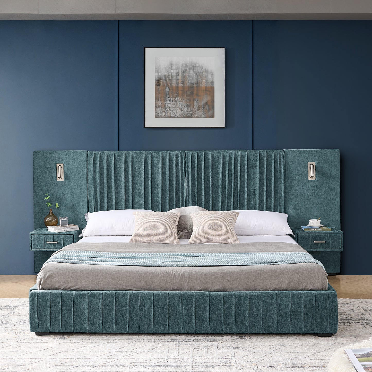 King Size Upholstered Bed Frame with Chenille fabric with pleated design,Grounded King Size Platform Bed with Headboard and Solid Frame and the bedside table.No Box Spring Needed-Blue-Green image 6
