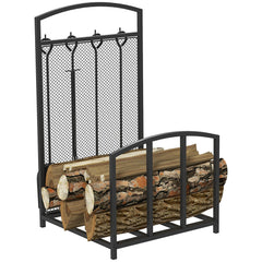 HOMCOM Firewood Rack with Fireplace Tools, Indoor Outdoor Firewood Holder for Fireplace, Wood Stove, Hearth or Fire Pit, Wood Storage Log Rack Includes Poker, Tongs, Broom, Shovel, Black