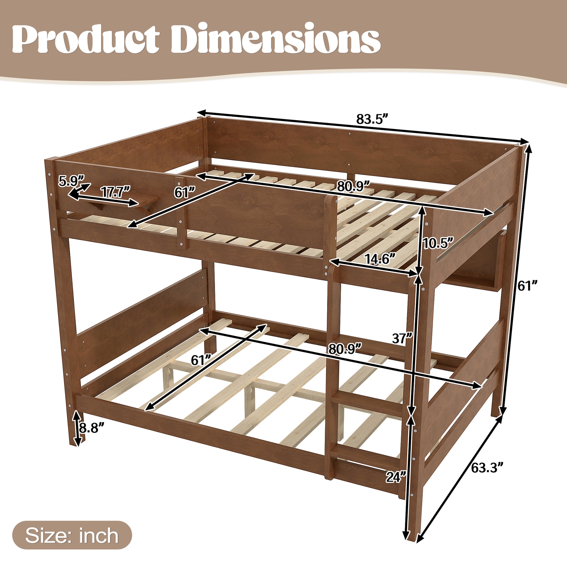 Queen over Queen Bunk Bed with Convenient Tray, Solid Wood Bunk Bed with Storage Shelves and Upgraded Slats,Vintage Brown image 4
