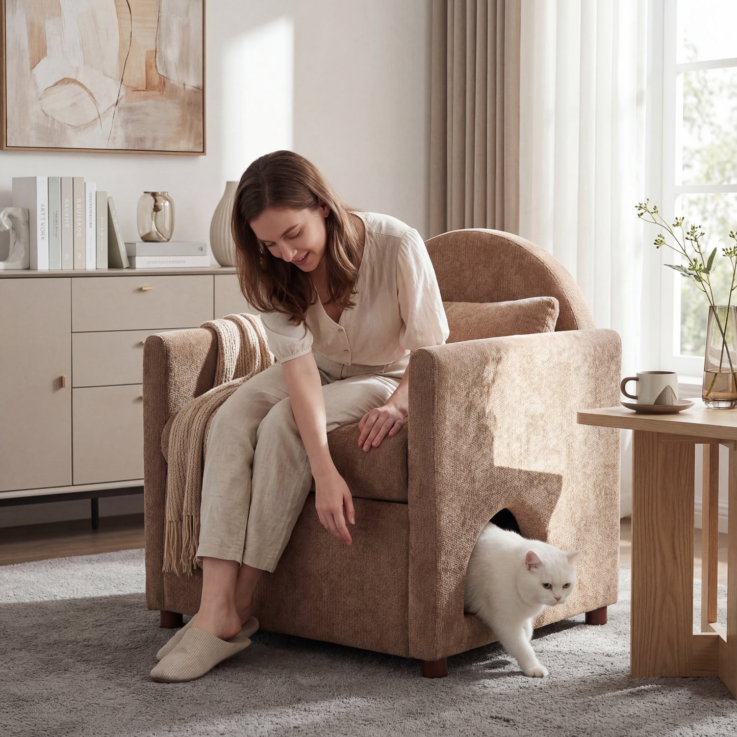 Coffee Pet Friendly Accent Chair with Hidden Pet Nook, Acacia Wood Legs, 220lbs Weight Capacity, Modern Upholstered Armchair for Living Room image 3