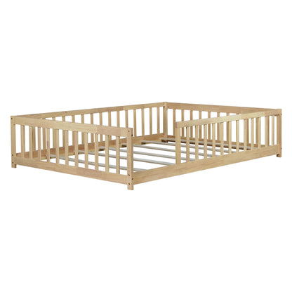 Full Size Floor Bed with Fence without Door,Rubber Wood Floor Bed with Safety Guardrails,Natural image 2