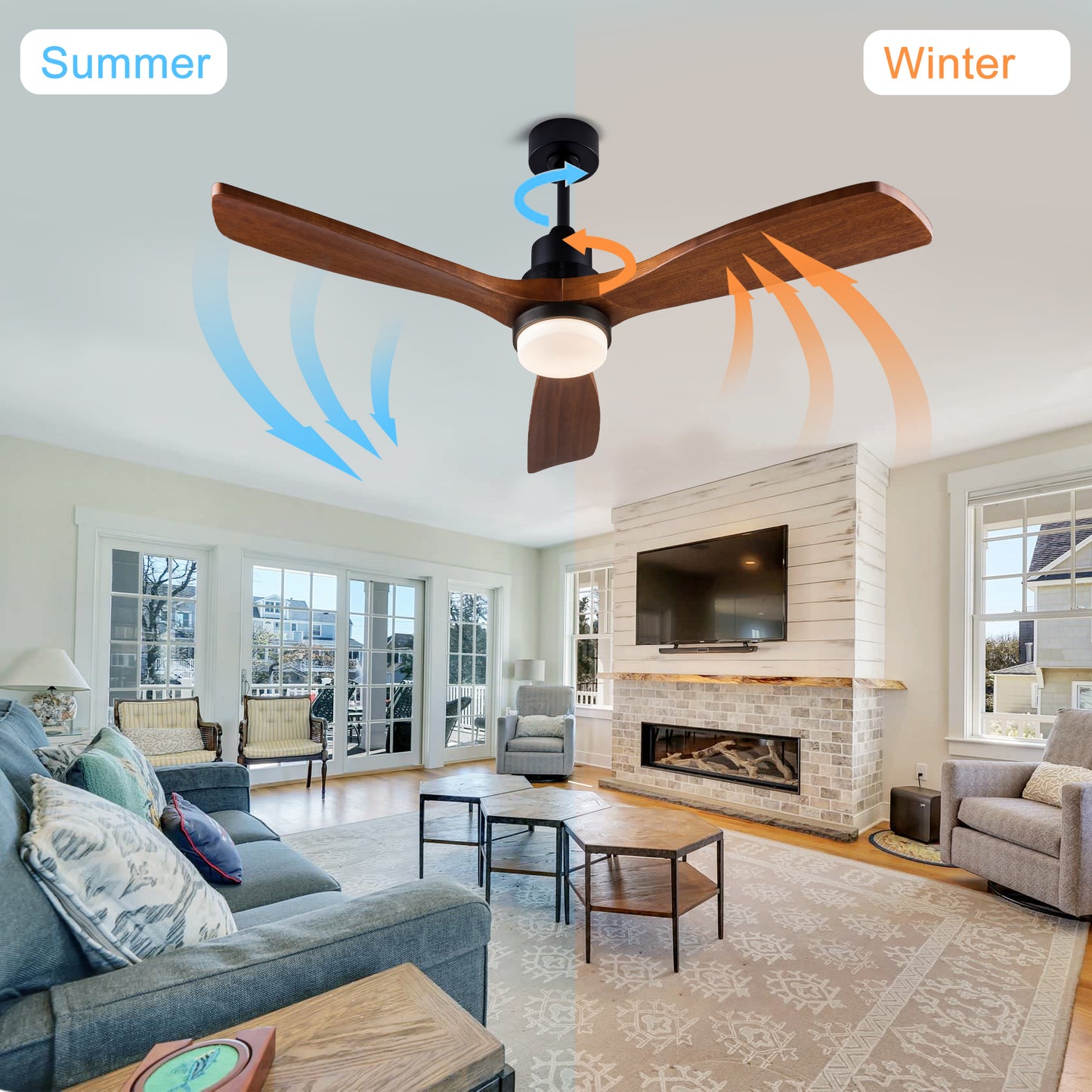 52 inch Ceiling Fan with Lights and Remote Control, Reversible, 3 Wood Blades, 6 Speeds, 3CCT Dimmable, Noiseless, Indoor/Outdoor Black Walnut Ceiling Fan for Bedroom Living Room Gazebo Patio image 4