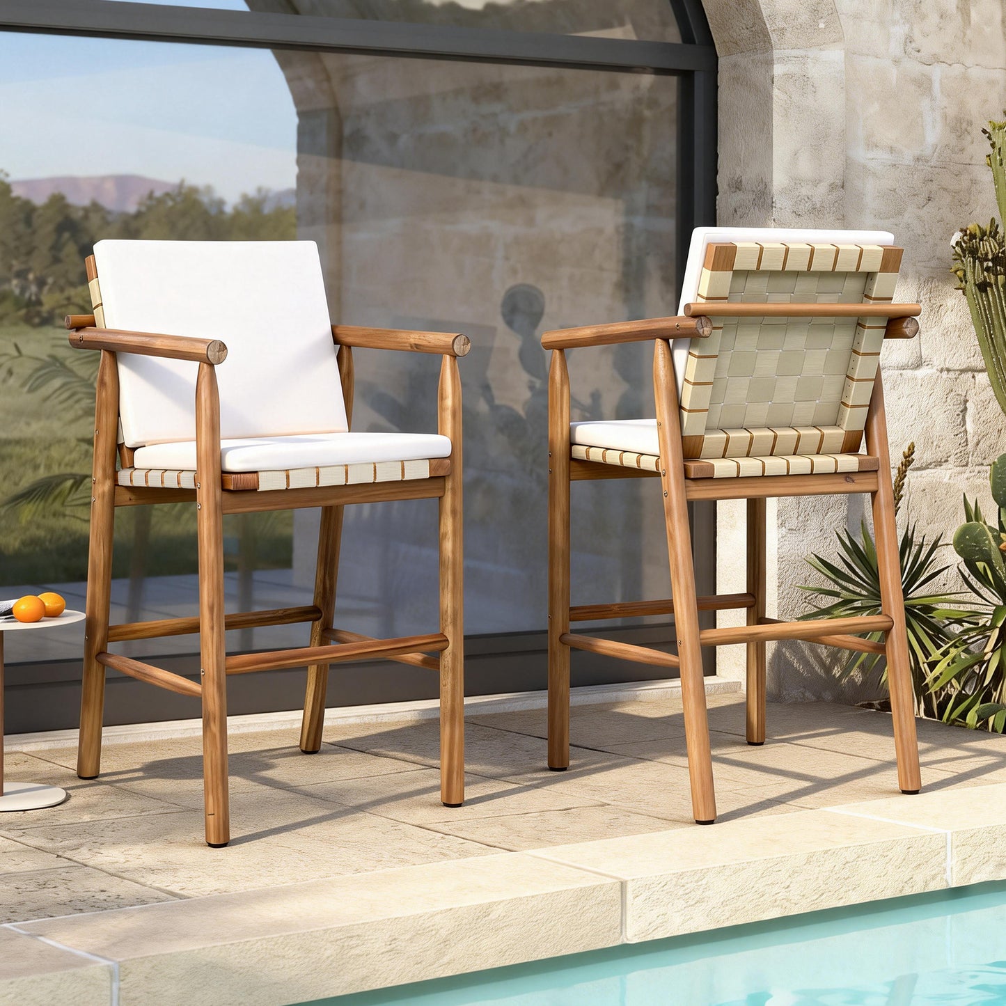 Outdoor Counter Height Bar Stools Chair Set of 2, Modern Patio Acacia Wooden Stools with Backrest Arm and Webbing Seat, for Patio, Pool, Garden, Beige Cushions Included image 2