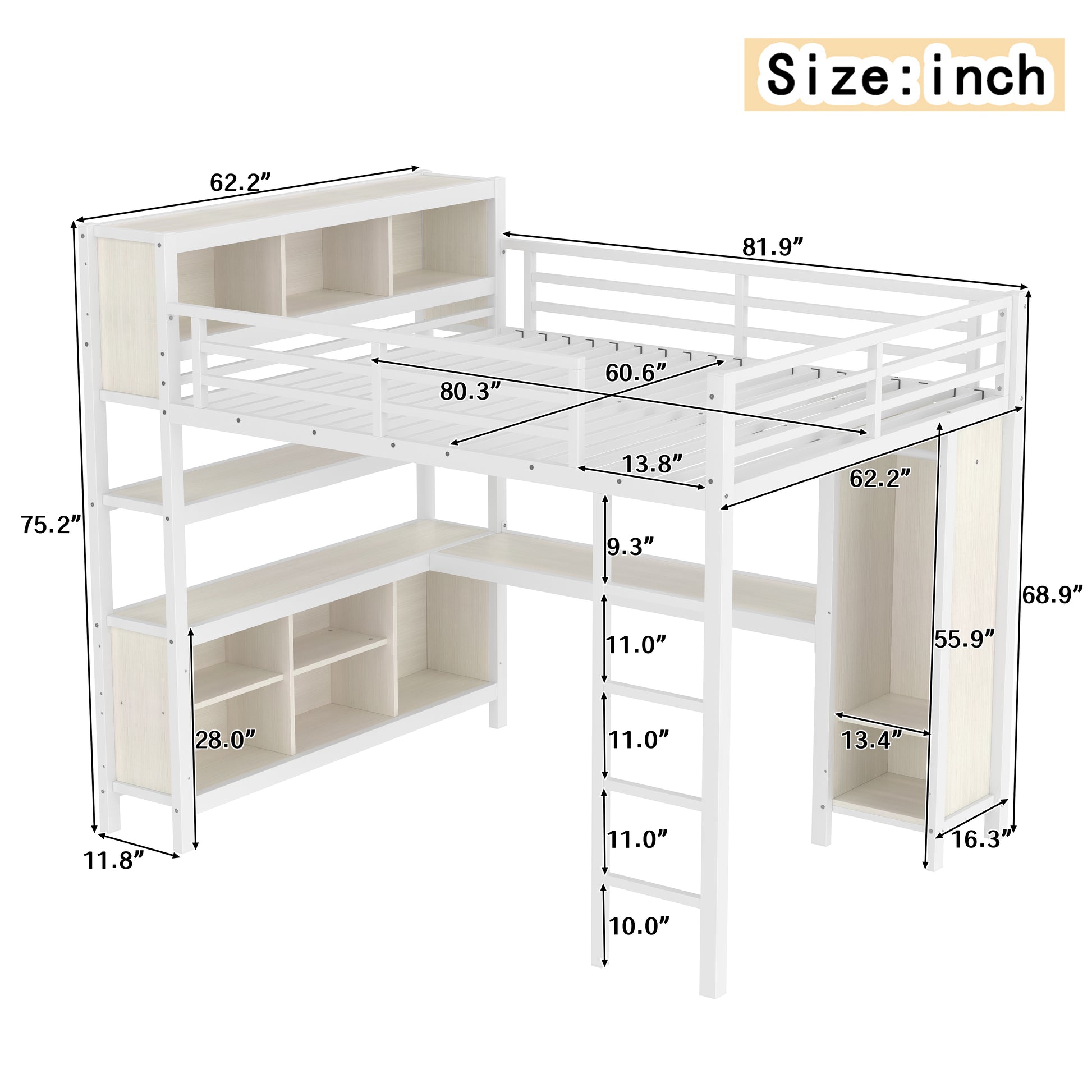 Metal Loft Bed with Wardrobe And L-shaped Desk, Queen Size Loft Bed with Storage Cubes and Shelves, Heavy Duty Loft Bed for Kids Teens Adults, White Wood-grain image 3