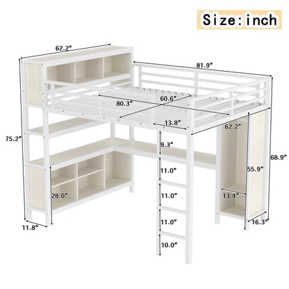 Metal Loft Bed with Wardrobe And L-shaped Desk, Queen Size Loft Bed with Storage Cubes and Shelves, Heavy Duty Loft Bed for Kids Teens Adults, White Wood-grain image 3