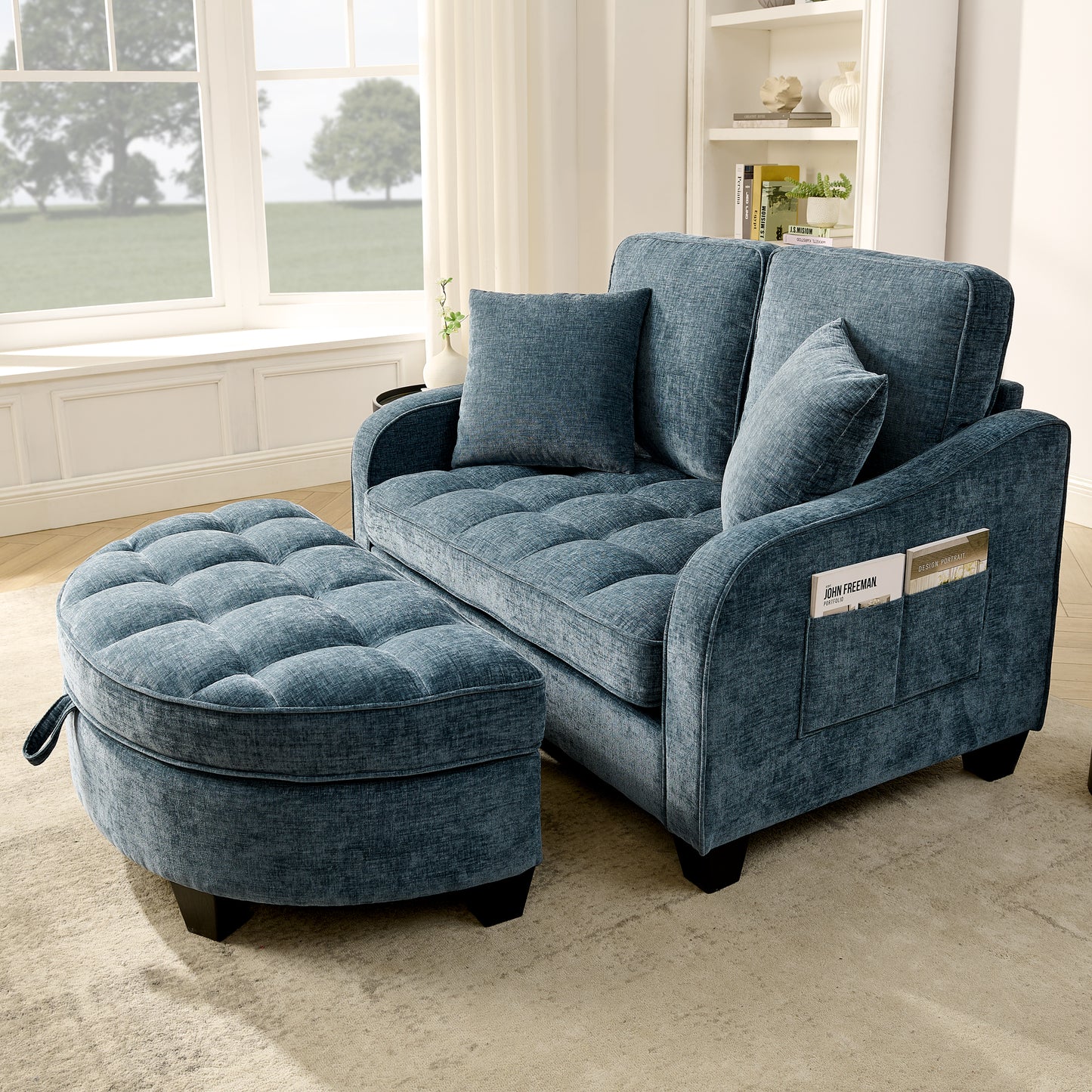 Two-seater sofa, double sofa chaise longue, with irregular armrests and backrests, footrest with storage space, comes with two small throw pillows, suitable for living room and bedroom -Blue image 3