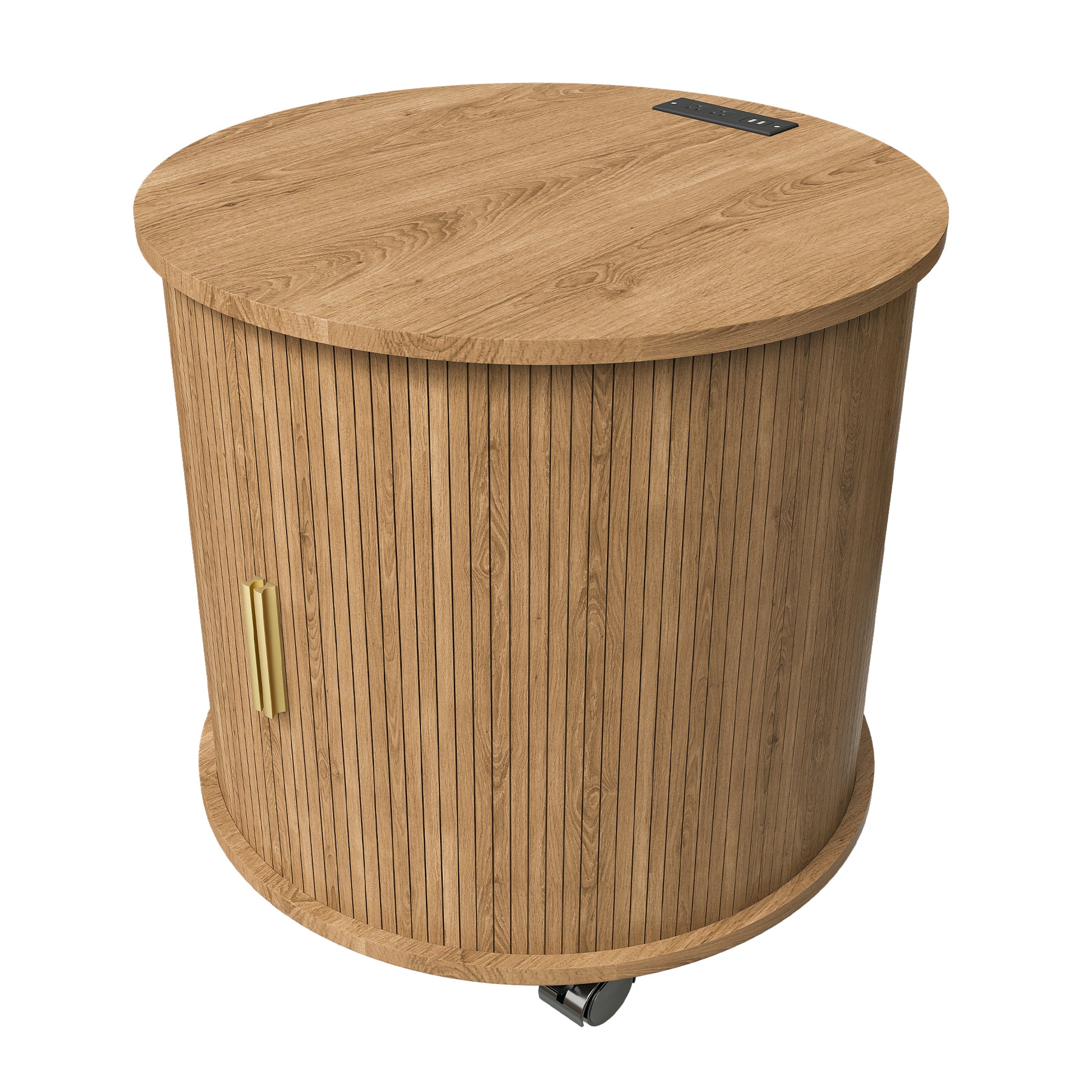 Set of2 Mid Century Modern Cylinder End Table with Built-in Charging Station & Sliding Door, 2-Tier Storage Round Nightstand with USB Ports, Osk Bedside Table for Living Room, Bedroom, Entryway image 12