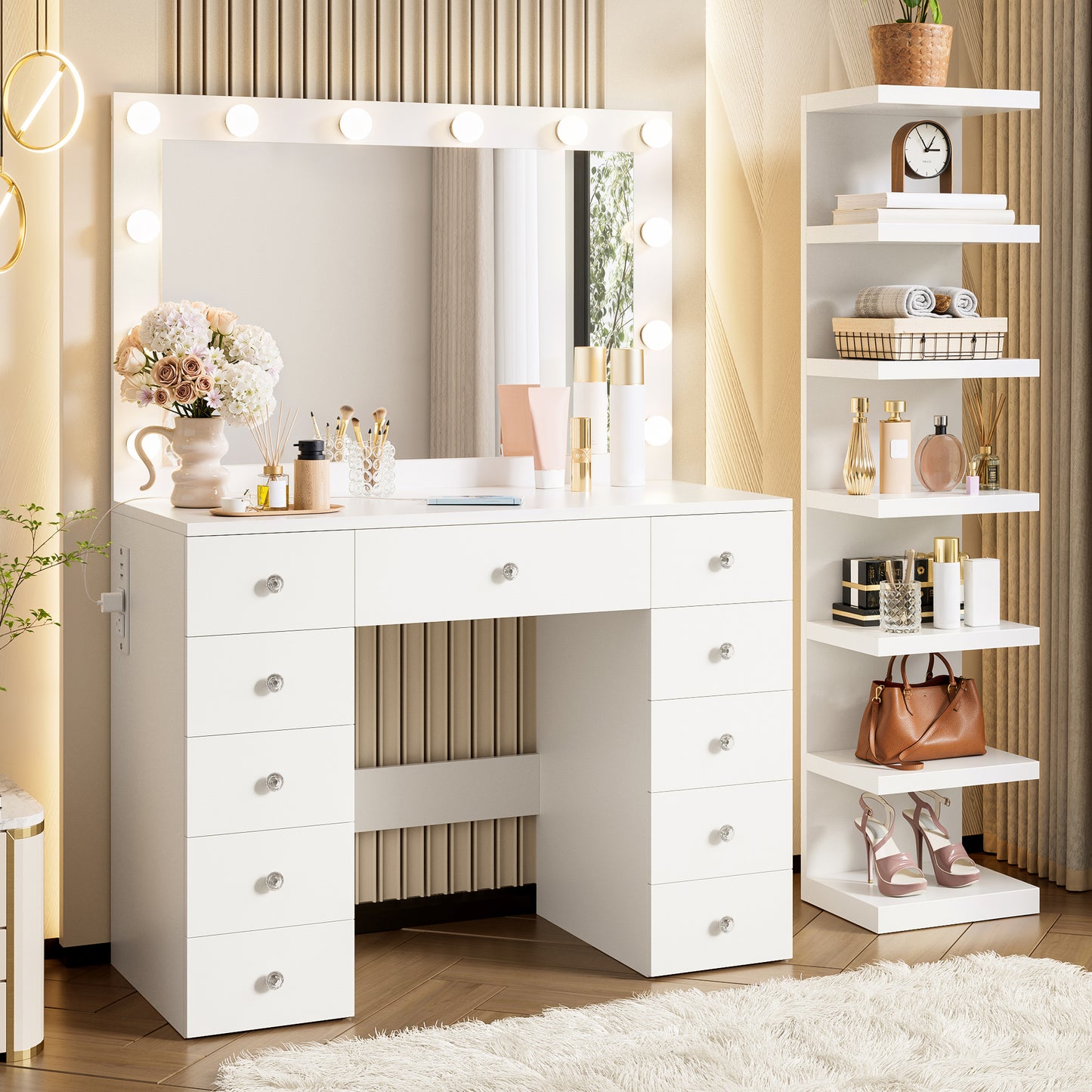 Vanity Desk with 11 Hollywood Bulbs & 7-Tier Storage Shelves, Makeup Vanity Desk with Power Outlet and 11 Drawers, 3 Color Lighting Modes, Dressing Table with Display Shelf Crystal Handles,White image 2