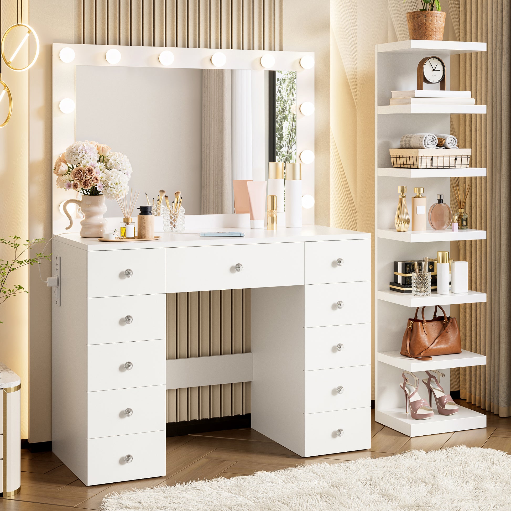 Vanity Desk with 11 Hollywood Bulbs & 7-Tier Storage Shelves, Makeup Vanity Desk with Power Outlet and 11 Drawers, 3 Color Lighting Modes, Dressing Table with Display Shelf Crystal Handles,White image 2