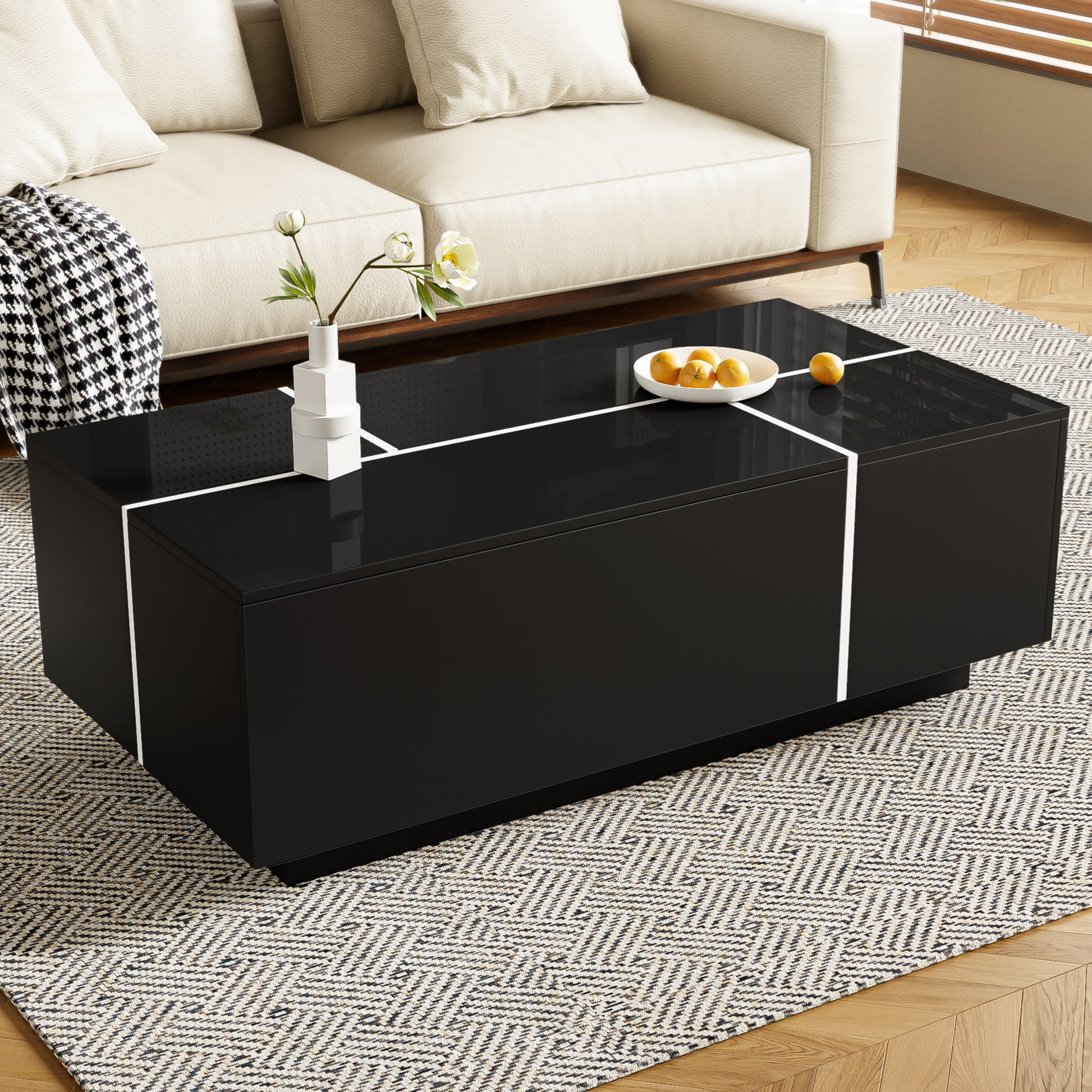 U-Can 47.2''-72.7'' Extendable Coffee Table, Multi-Functional Coffee Table with High-Gloss Finish, Coffee Table with 2 Hidden Storage Space and 2 Drawers for Living Room image 3