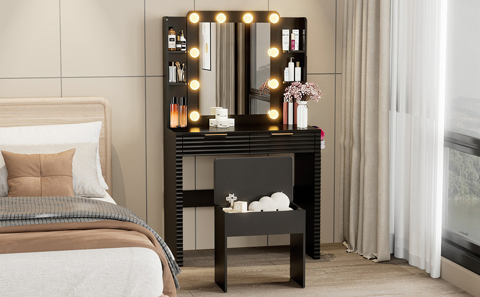Makeup Vanity Desk with 10 Hollywood Bulbs, Fluted Dressing Table with Charging Station, 2 Drawers and 4 Open Shelves, Hairdryer Holder, Padded Stool with Storage, Black image 10