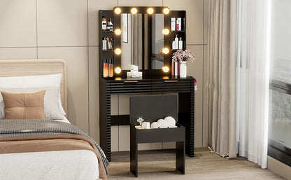 Makeup Vanity Desk with 10 Hollywood Bulbs, Fluted Dressing Table with Charging Station, 2 Drawers and 4 Open Shelves, Hairdryer Holder, Padded Stool with Storage, Black image 10