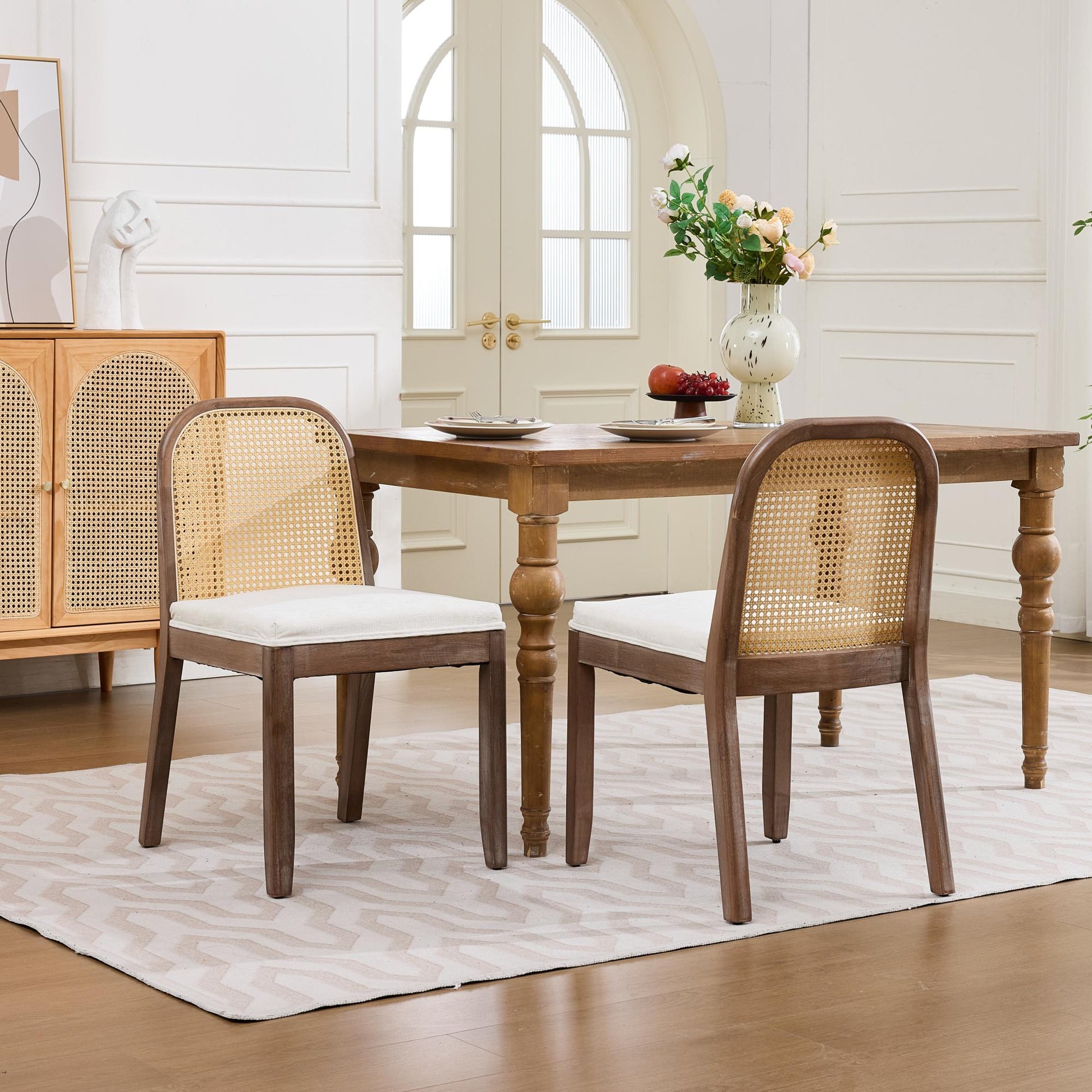 Set of 2 Curved Arched Cane Back Dining Chairs,Mid Century Farmhouse Side Chairs,Distressed Solid Wood Frame,Chenille Cushion with S-Spring and Sponge,Armless Accent Chairs for Kitchen,Beige,SW1899BG image 1
