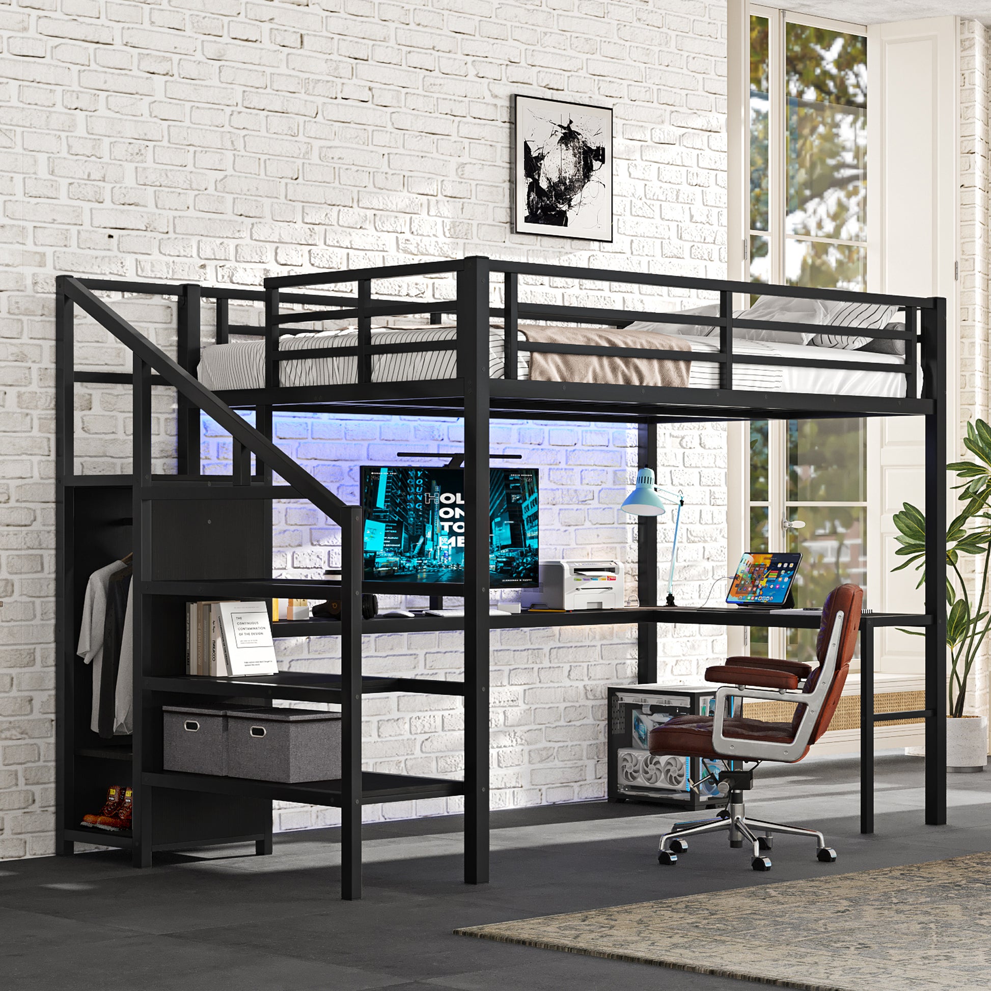 Full Size Loft Bed with L-shaped Desk and USB, Metal Loft Bed with Wardrobe and Adjustable Shelf, High Loft Bed with LED for Kids Teens Adults, Black image 1