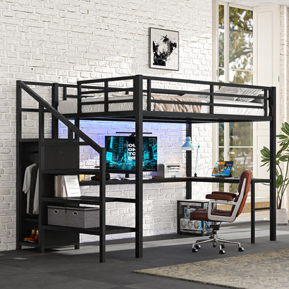 Full Size Loft Bed with L-shaped Desk and USB, Metal Loft Bed with Wardrobe and Adjustable Shelf, High Loft Bed with LED for Kids Teens Adults, Black image 1
