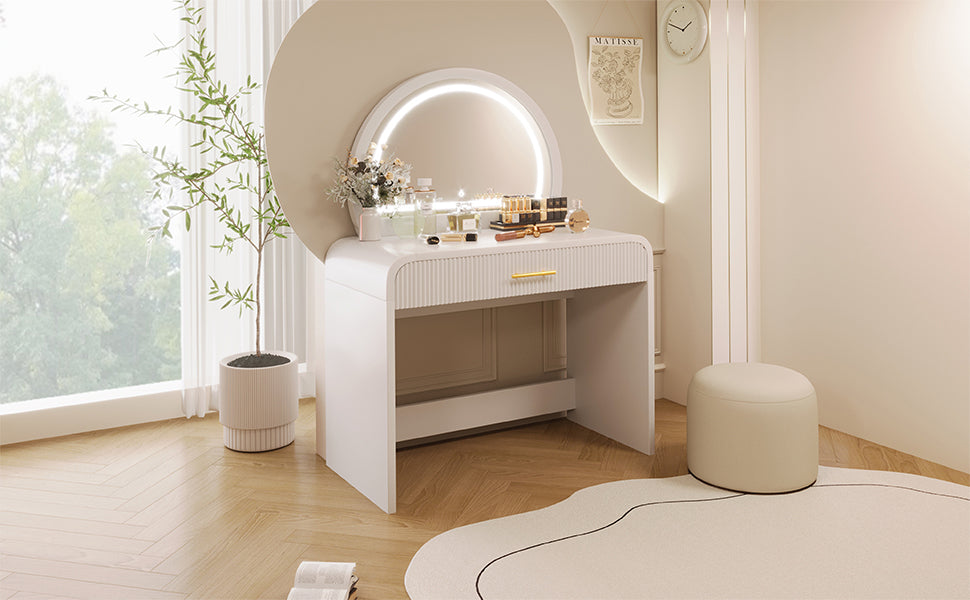 39" Makeup Vanity Table with Mirror Touch Screen Lighted Mirror, Dressing Table with Drawer for Bedroom, White image 9