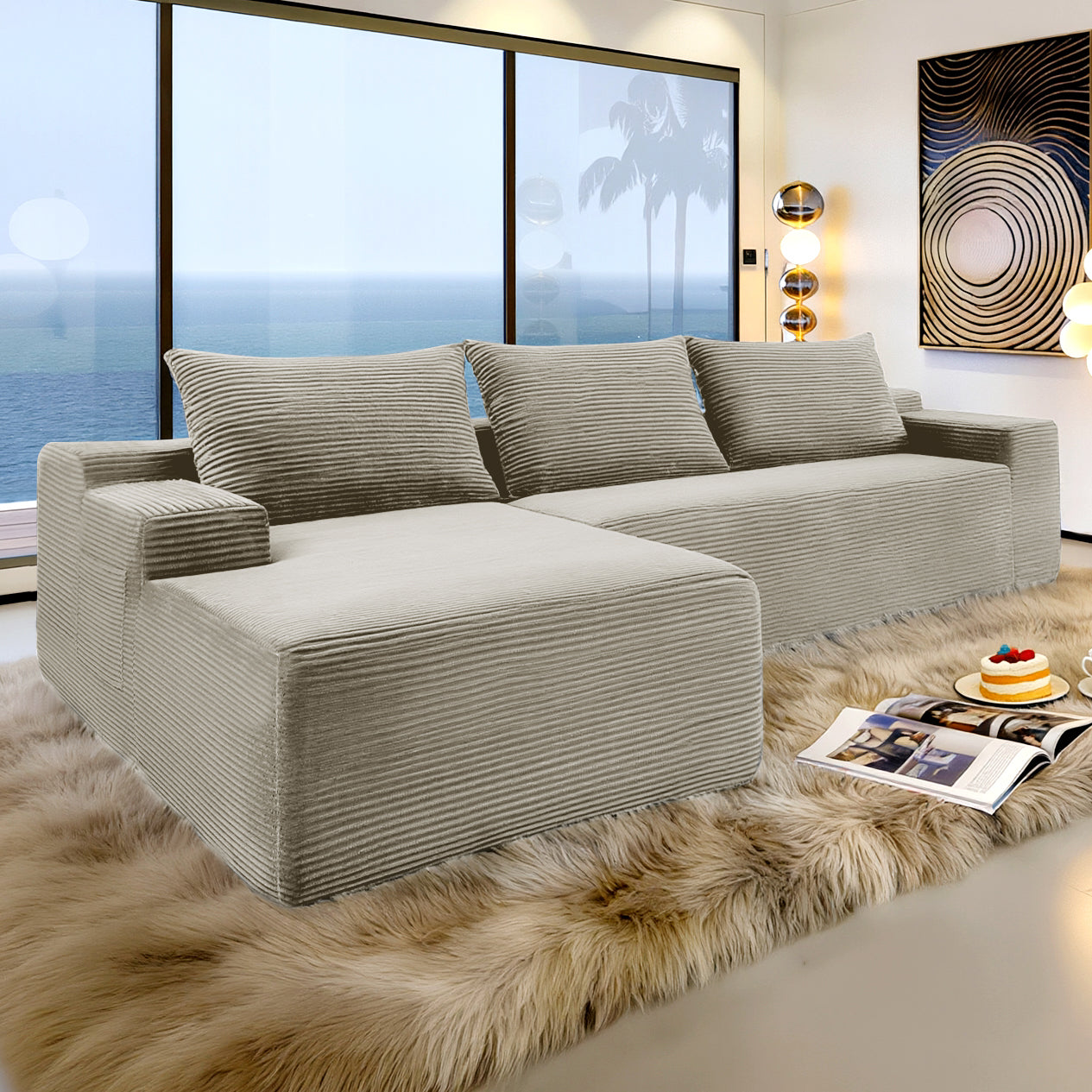 New2 96.9"Cloud Sectional Couch with L-Shape Chaise,Modern Modular Sofa with Deep Seat,Upholstered Couches for Living Room Bedroom,No Assembly Required,(Corduroy Fabric),Camel,left image 2