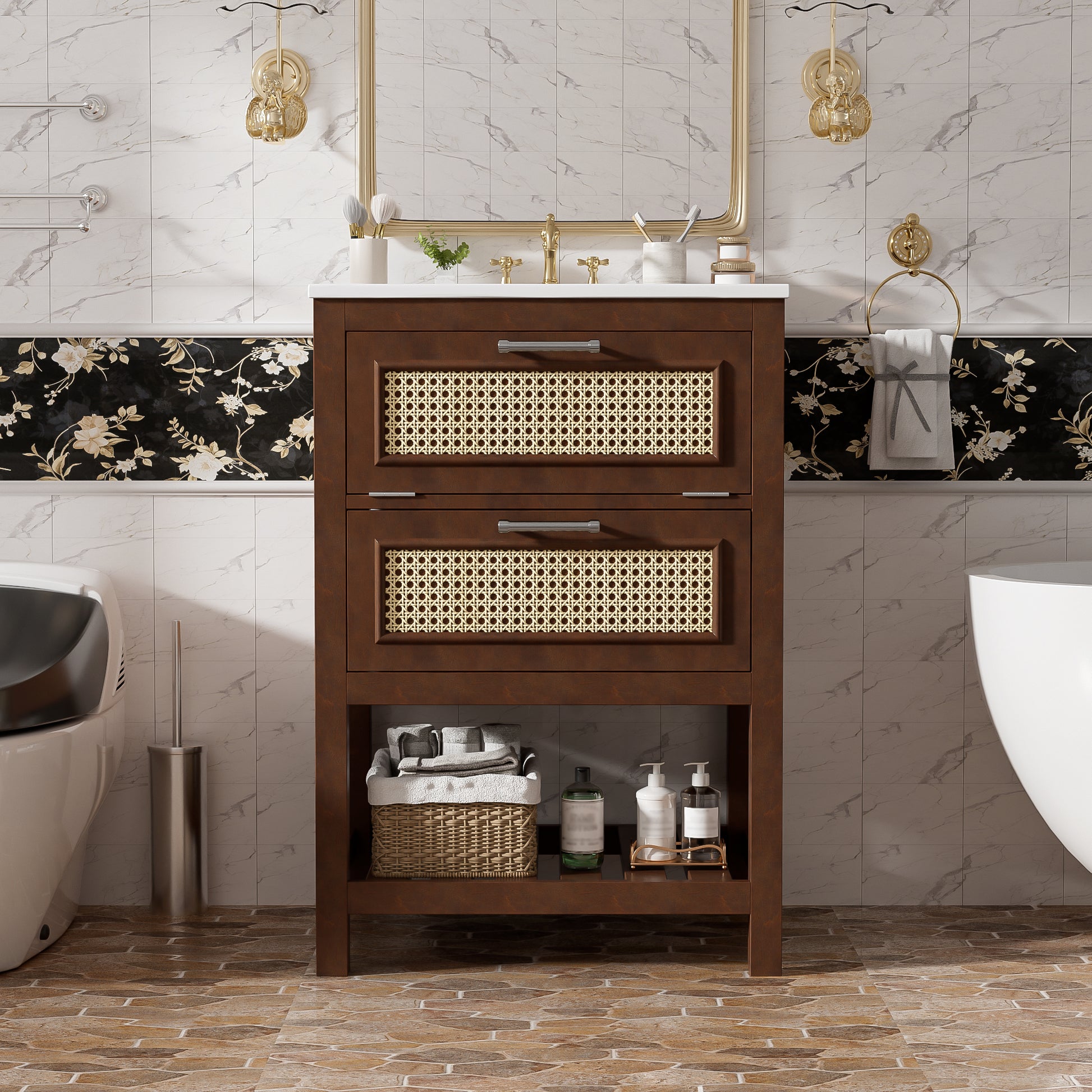 24" Bathroom Vanity with Integrated Ceramic Sink, Bathroom Cabinet with 1 Deep Drawer, 1 Tip-Out Drawer, Single Sink Bathroom Vanity for Small and Medium Restroom image 3