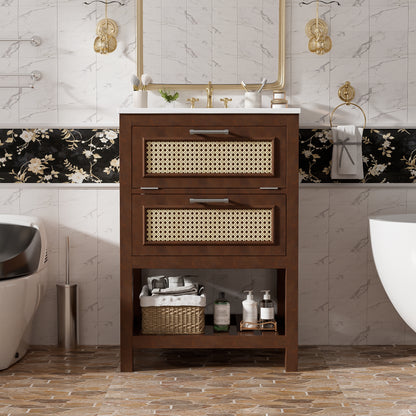 24" Bathroom Vanity with Integrated Ceramic Sink, Bathroom Cabinet with 1 Deep Drawer, 1 Tip-Out Drawer, Single Sink Bathroom Vanity for Small and Medium Restroom image 3