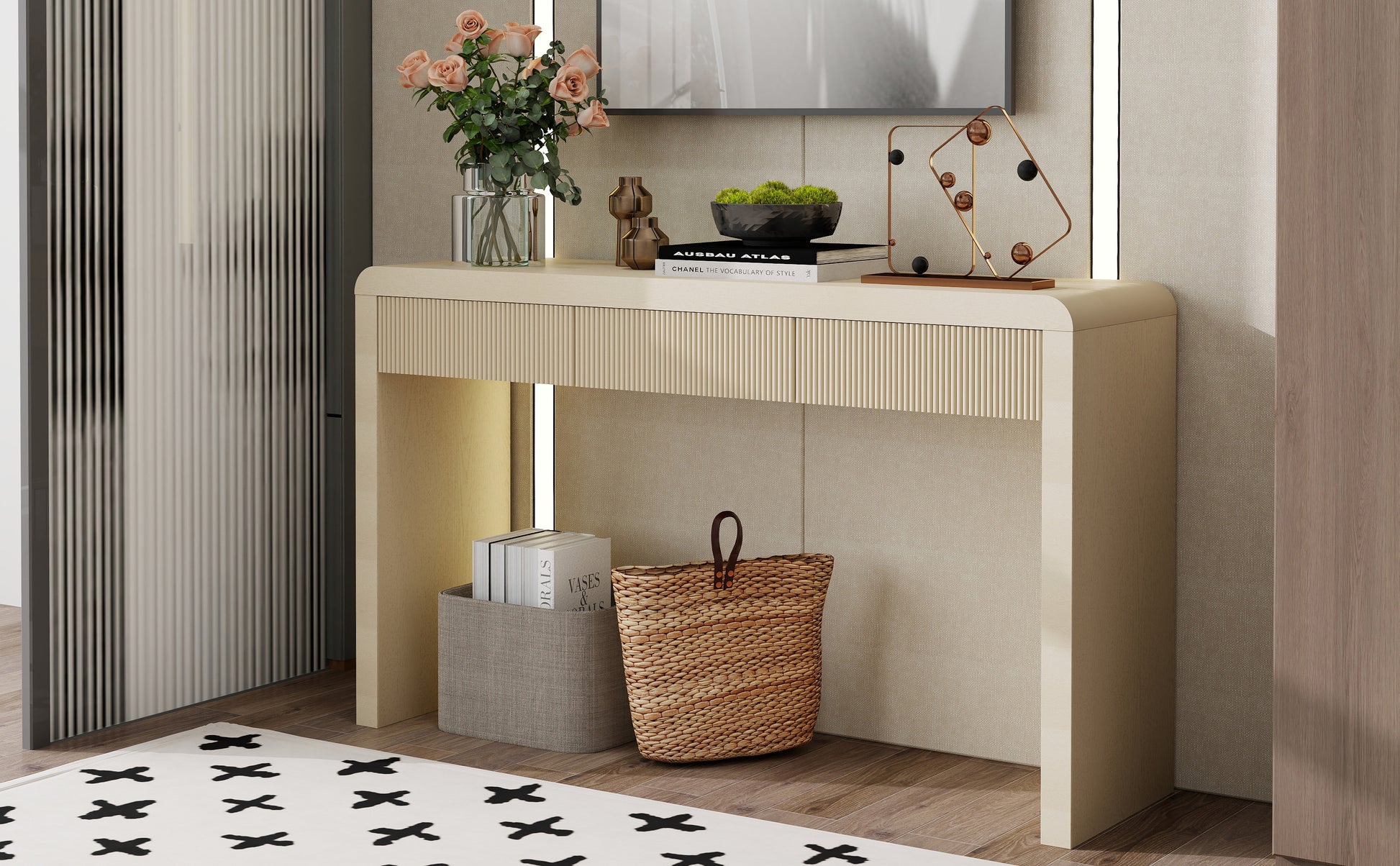 TREXM Rustic Console Table with 3 Fluted Drawers - Solid Wood Veneer Entryway Table Featuring Natural Wood Grain for Living Room, Hallway (Apricot) image 11