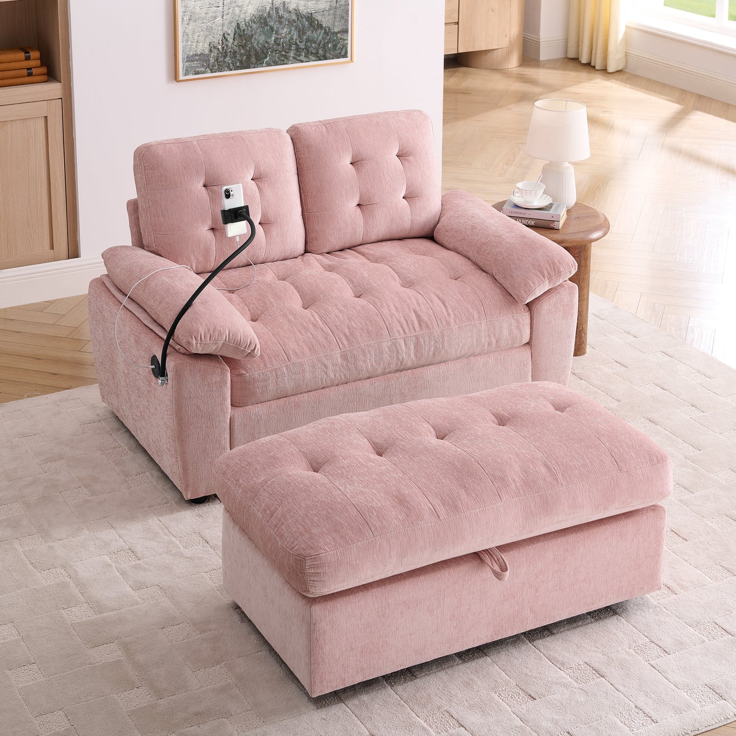 Leisure sofa chair,Double sofa recliner, with manually adjustable backrest, soft padded armrests, side USB charging port and phone stand, comes with a matching storage ottoman-Pink image 3