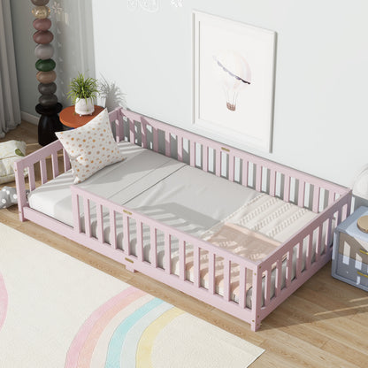 Twin Size Floor Bed with Fence without Door, Rubber Wood Floor Bed with Safety Guardrails,Pink (Old Sku W504P286399) image 1