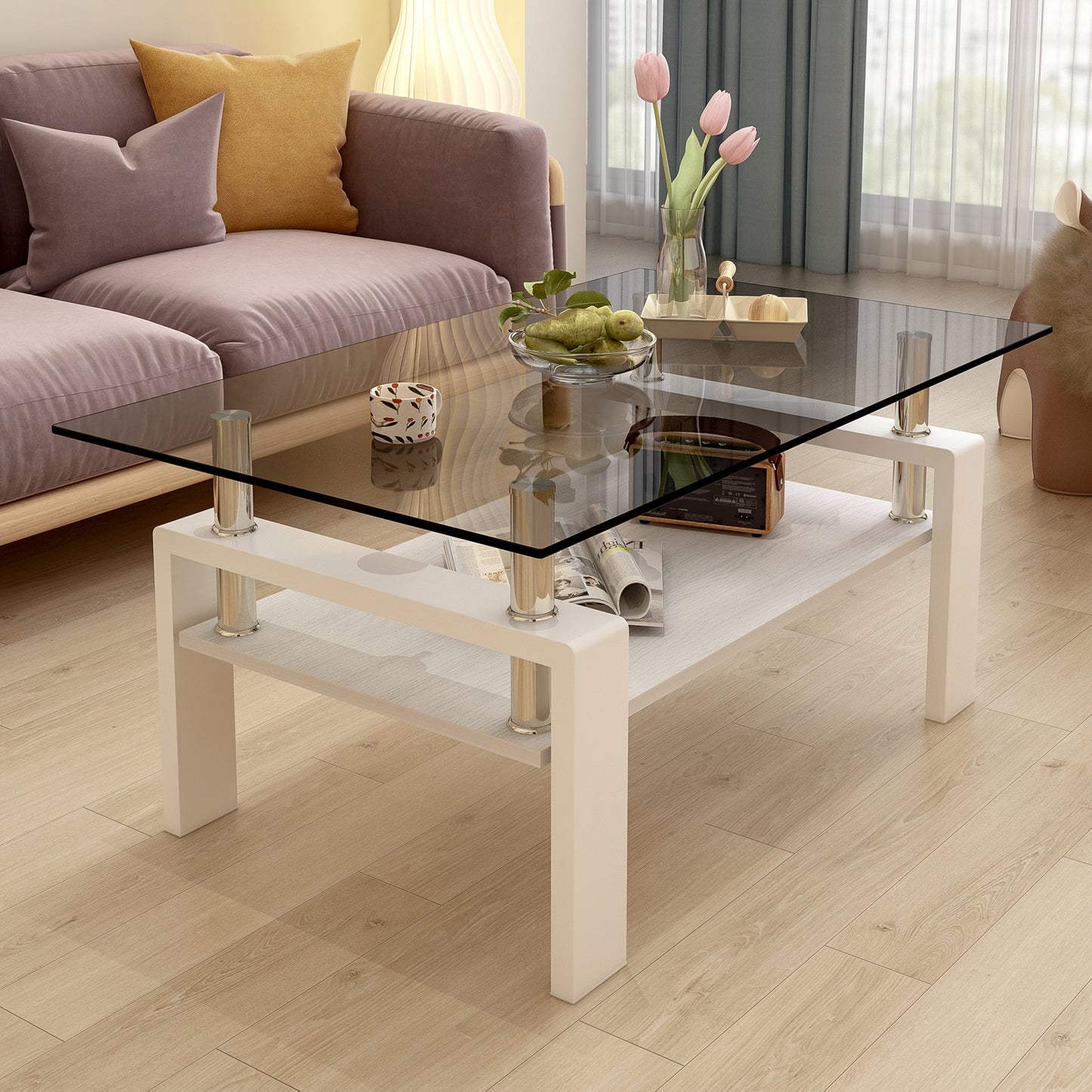 Rectangle Coffee Table, Tempered Glass Tabletop with MDF Layer, Modern Table for Living Room, Gray Glass image 2