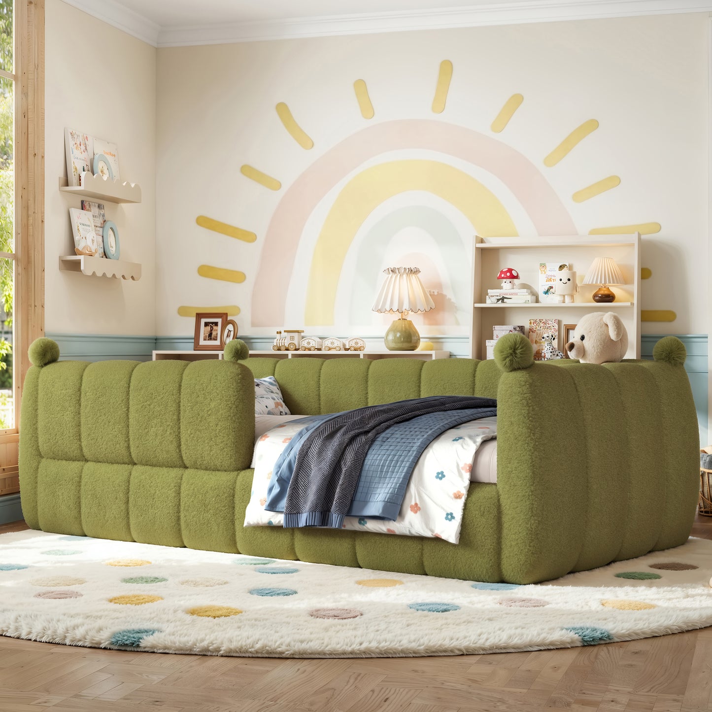 Twin Size Kids Soft Upholstered Floor Bed, Montessori Floor Bed with Full Surround Safety Rails, Low to Ground Child Bed Frame for Boys Girls, Green image 2