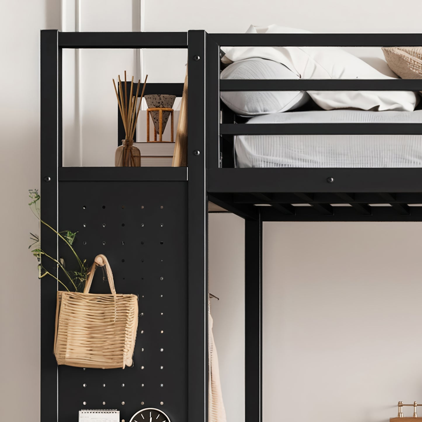 Twin XL over Twin XL size Metal Bunk Bed for Teens with Storage Shelves,Drawers and Pegboard,Black image 5