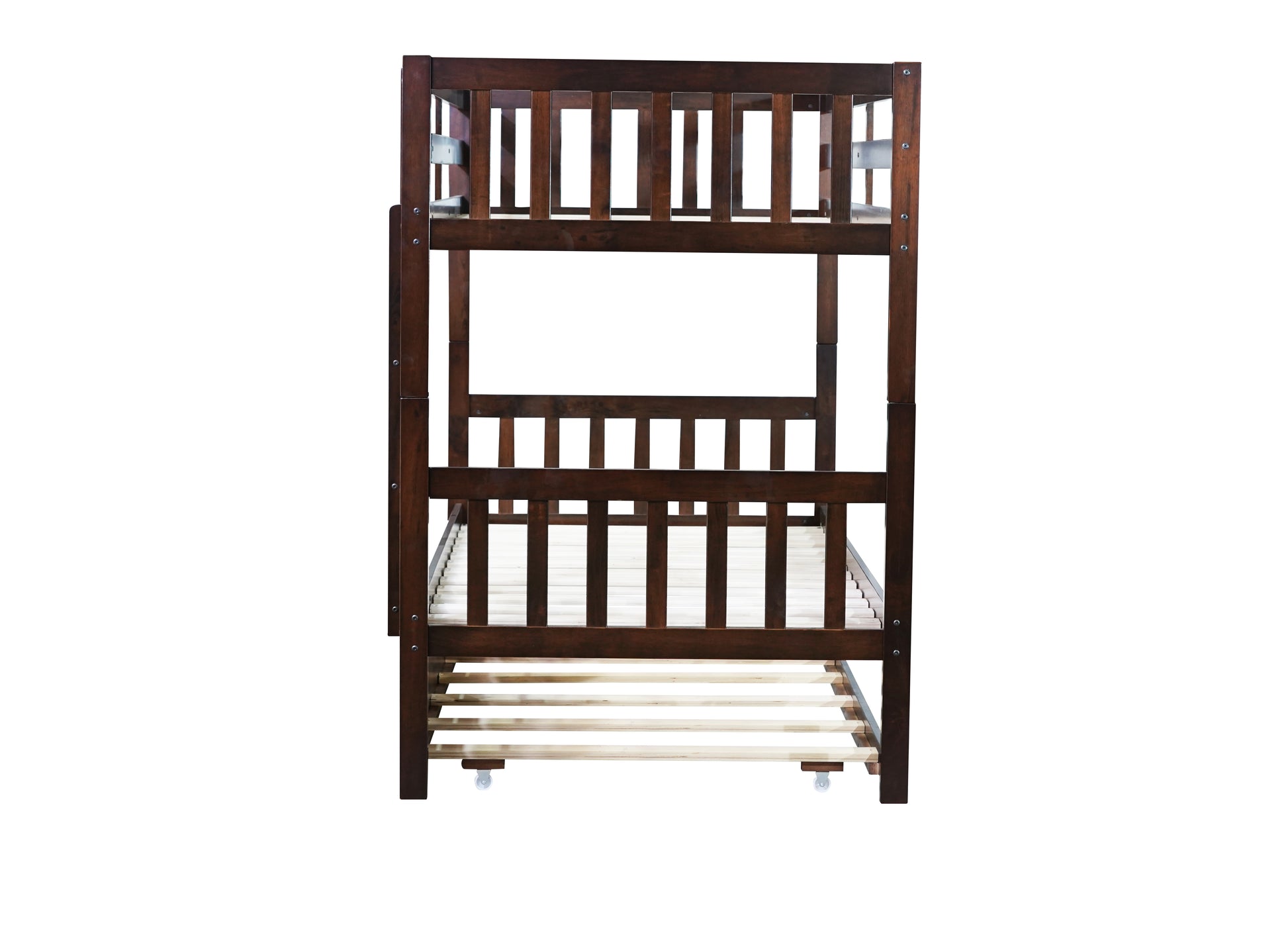 Twin Over Twin Rubber Wood Bunk Bed with Trundle, Convertible into Twin Size Beds, Twin Size Bunk Bed with Ladder and Safety Guardrails,Espresso image 8