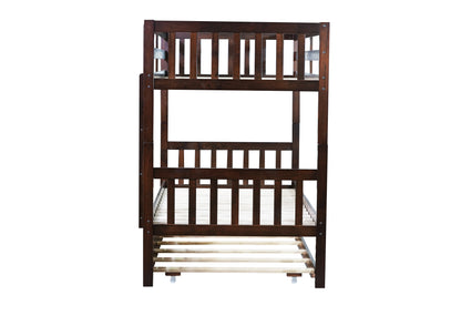 Twin Over Twin Rubber Wood Bunk Bed with Trundle, Convertible into Twin Size Beds, Twin Size Bunk Bed with Ladder and Safety Guardrails,Espresso image 8