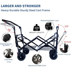 Collapsible Wagon 140L Wagons Carts Foldable with Removable Canopy, Folding Wagon Cart with Wheels for All-Terrain with Brake, Foldable Wagon with Cooler Bag, for Camping Beach Shopping