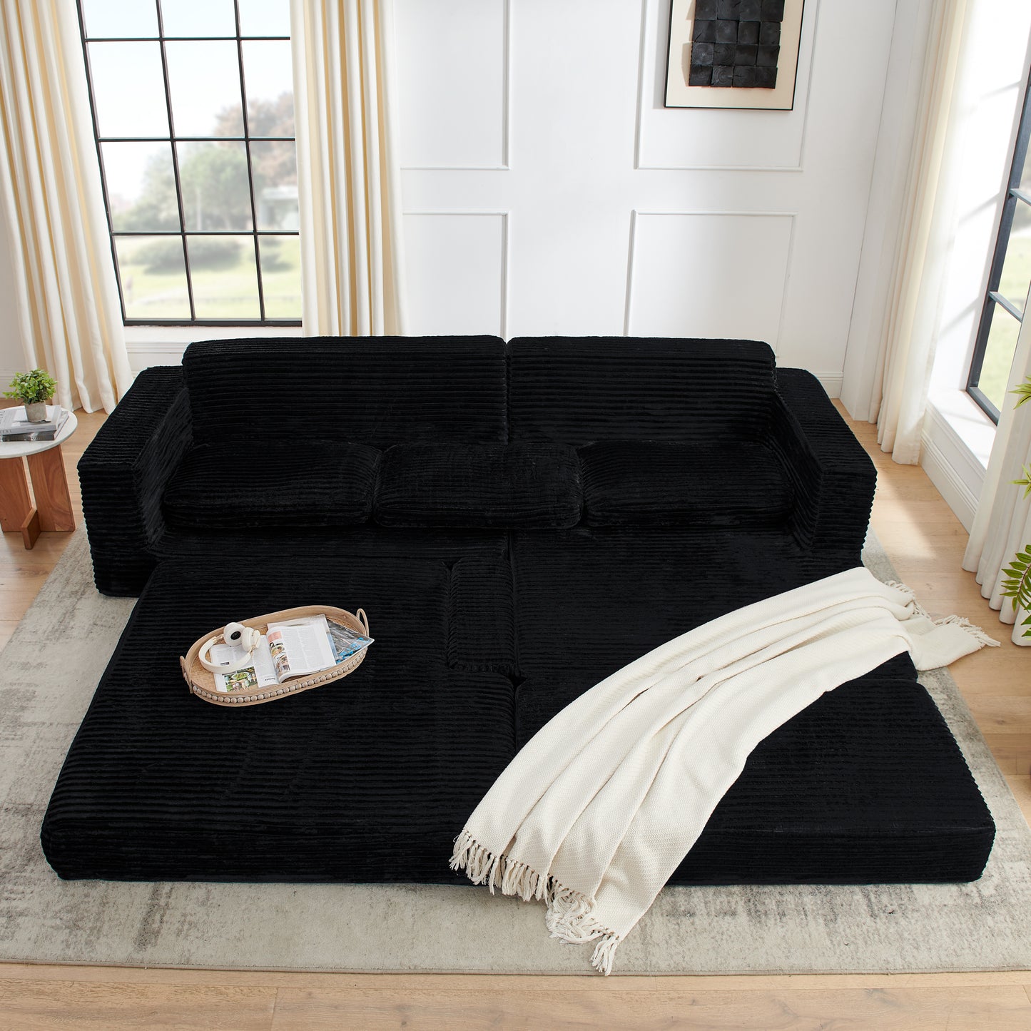 Left sofa seat,L shape Modular Sectional Sofa, Compressed Sectional Sofa Modern Minimalist Style Corduroy Couch,Unfold into a bed, Bedroom, Comfy Compressed Sofa Couch Space-Efficient Design-black image 5