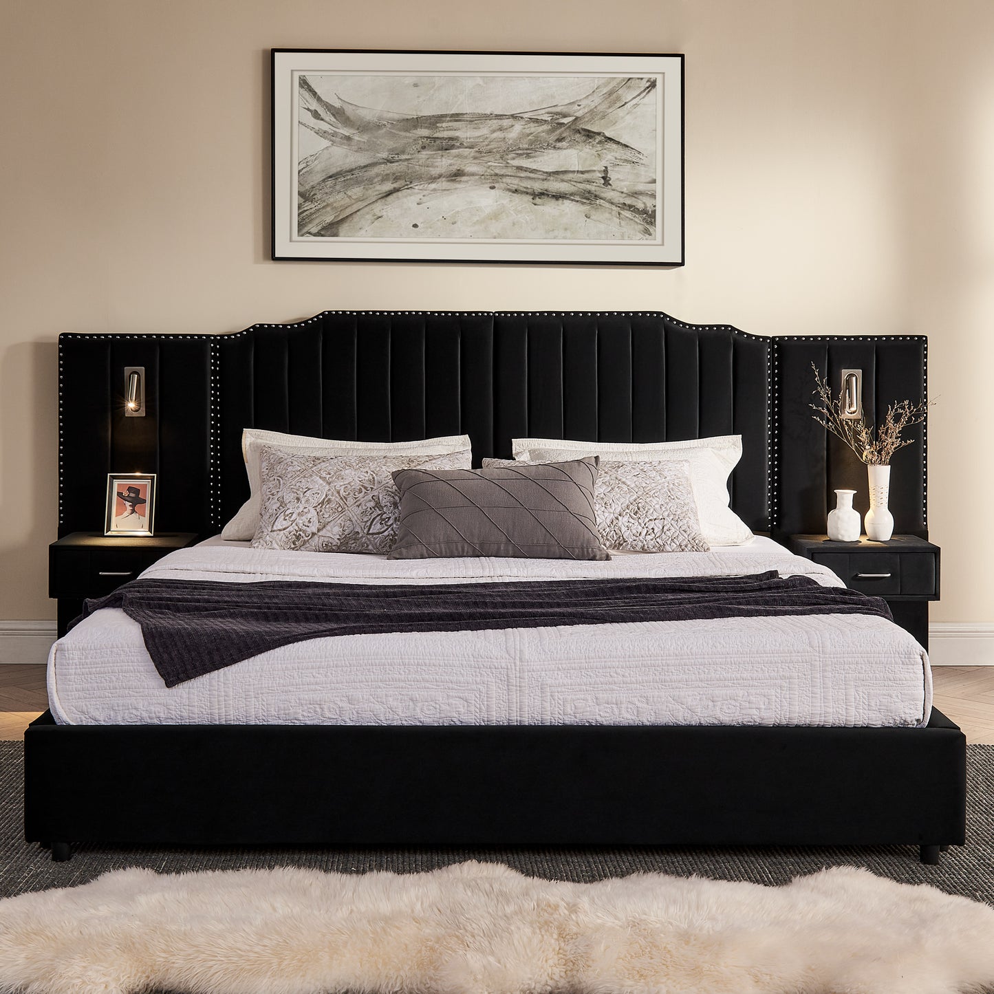King Size Upholstered Bed Frame with Velvet Fabric, Vertical Stripe Design with Buttons Around King Size Platform Bed with Headboard, Solid Frame & Bedside Table - No Box Spring Needed-Black image 5