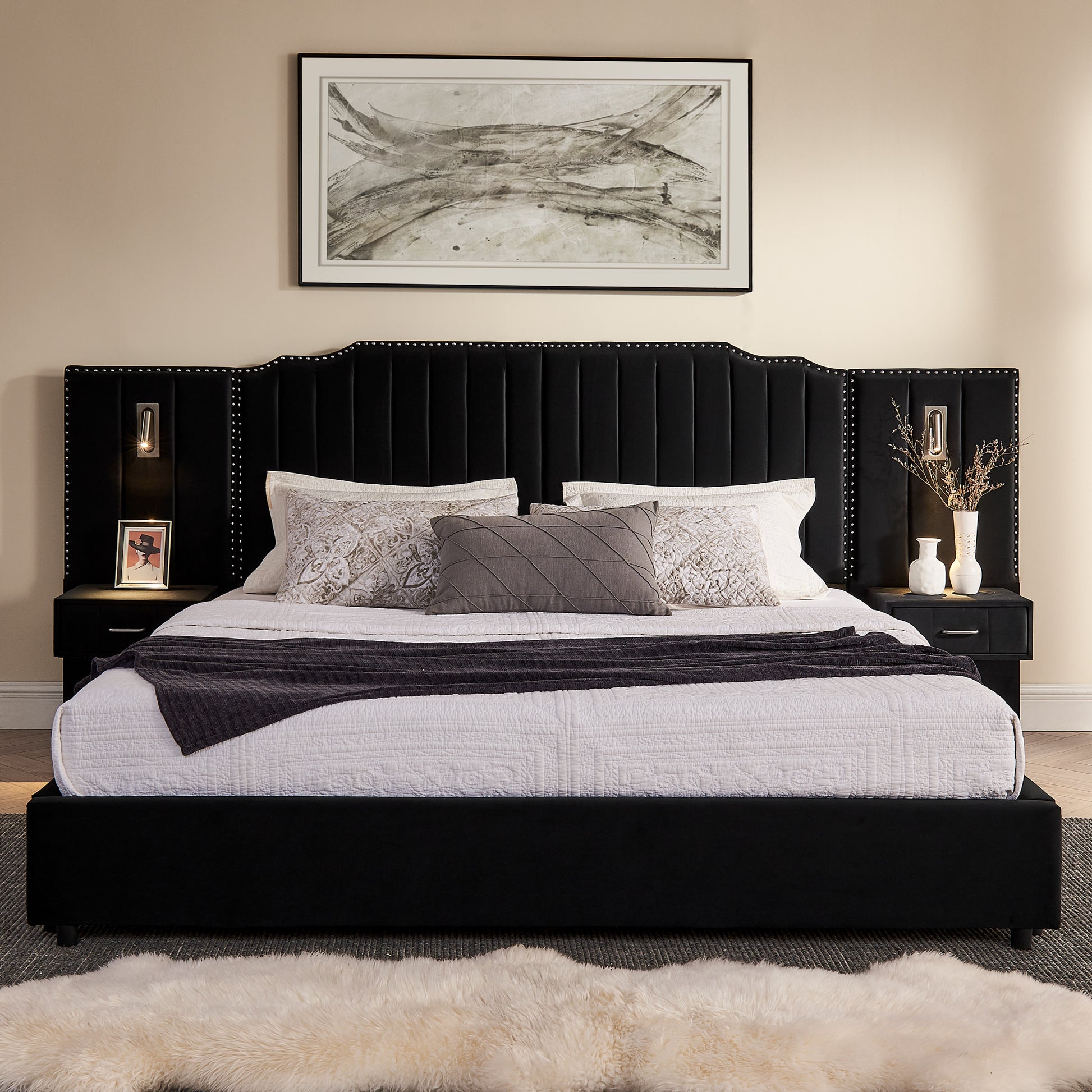 King Size Upholstered Bed Frame with Velvet Fabric, Vertical Stripe Design with Buttons Around King Size Platform Bed with Headboard, Solid Frame & Bedside Table - No Box Spring Needed-Black image 5