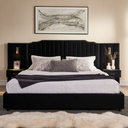 King Size Upholstered Bed Frame with Velvet Fabric, Vertical Stripe Design with Buttons Around King Size Platform Bed with Headboard, Solid Frame & Bedside Table - No Box Spring Needed-Black image 5