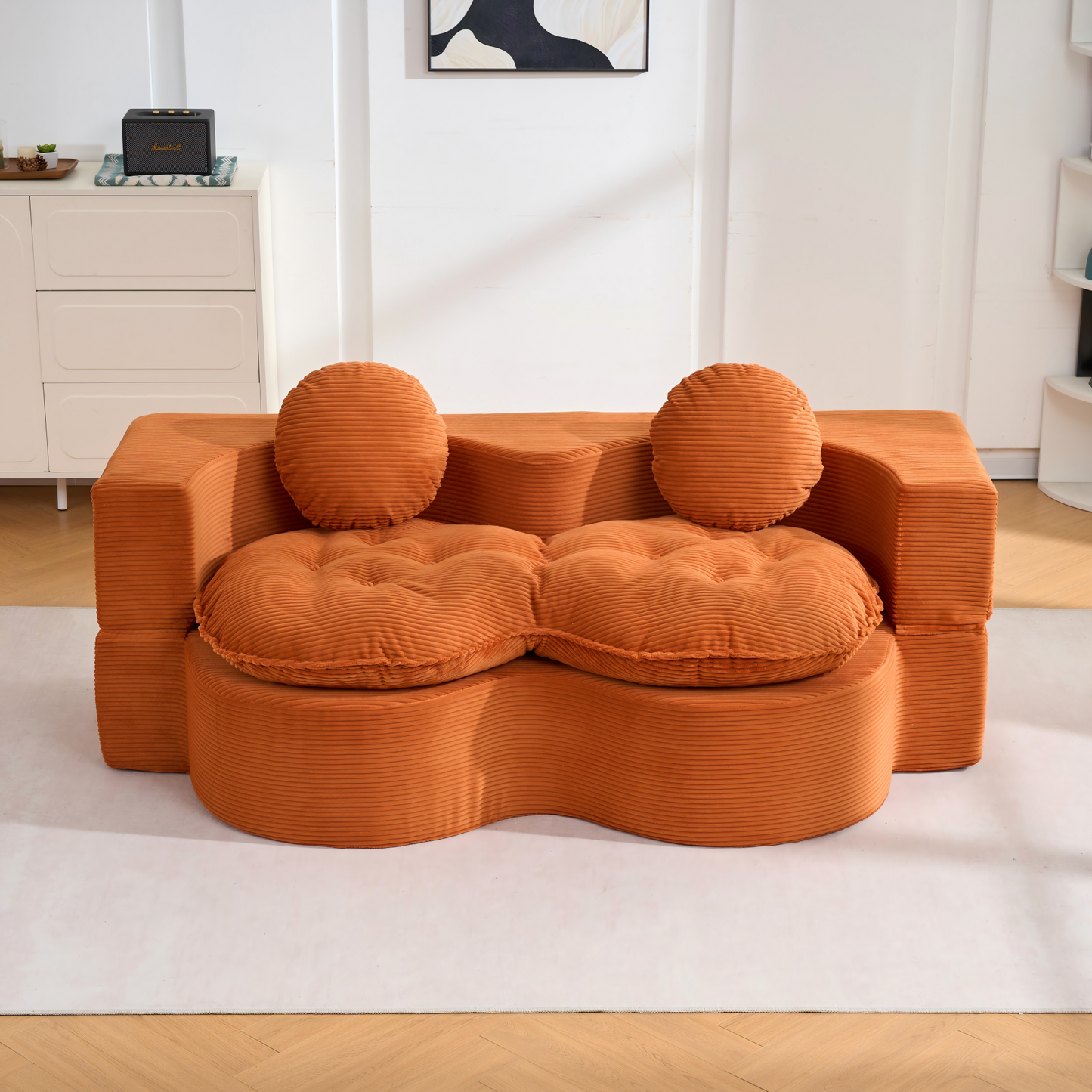 Convertible Sleeper Sofa, Modern Folding Futon Corduroy Floor Foam Compression Loveseat Sofa Bed Couch, Foldable Full Size Guest Bed with 2 Pillows for Living Room Bedroom Apartment, Orange image 2