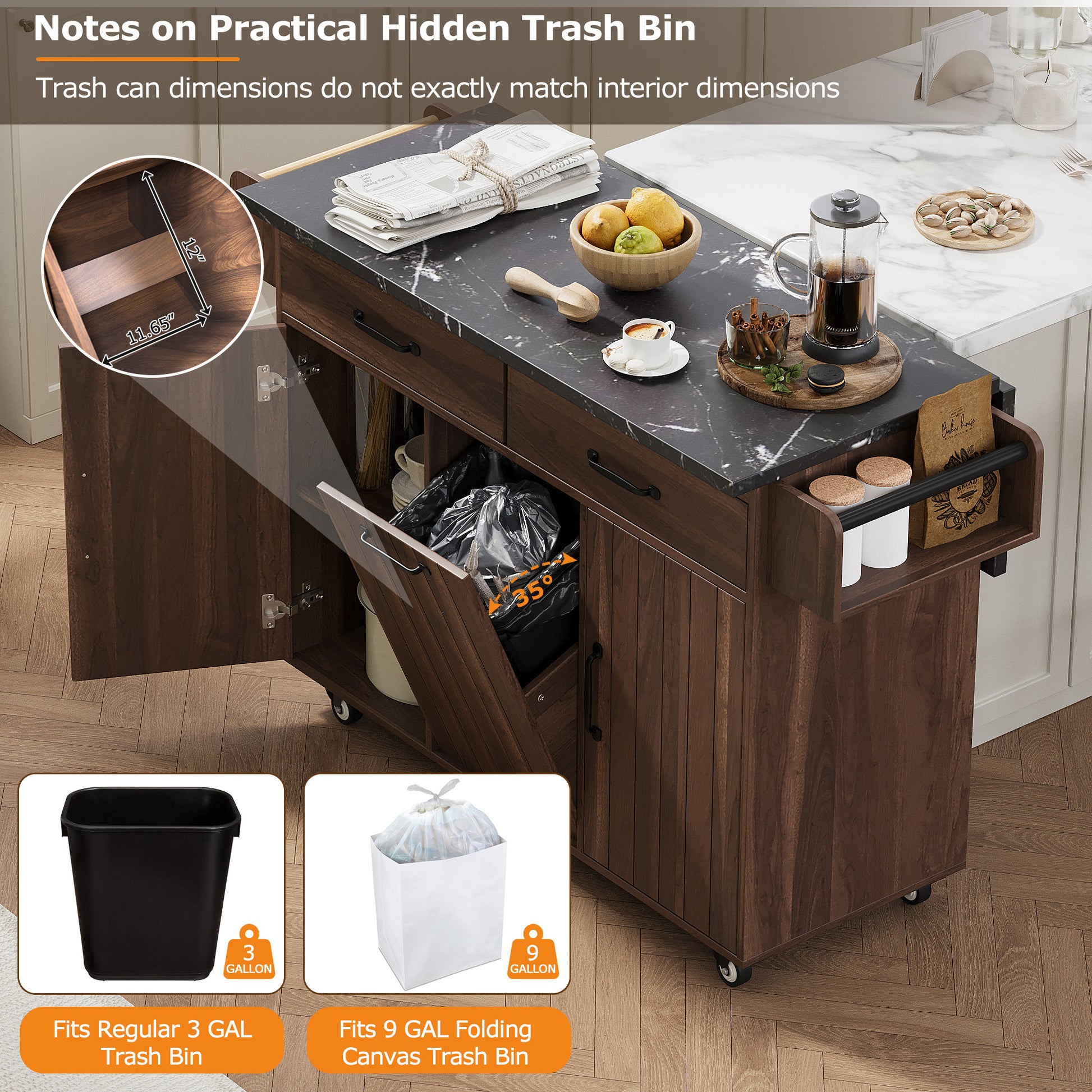 K&K Kitchen Island with Trash Can Storage Cabinet, Kitchen Cart with Drop Leaf, Spice Rack, Towel Rack and Drawer, Rolling Kitchen Island on Wheels with Adjustable Shelf, Walnut Brown image 11