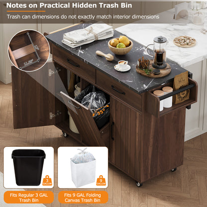 K&K Kitchen Island with Trash Can Storage Cabinet, Kitchen Cart with Drop Leaf, Spice Rack, Towel Rack and Drawer, Rolling Kitchen Island on Wheels with Adjustable Shelf, Walnut Brown image 11