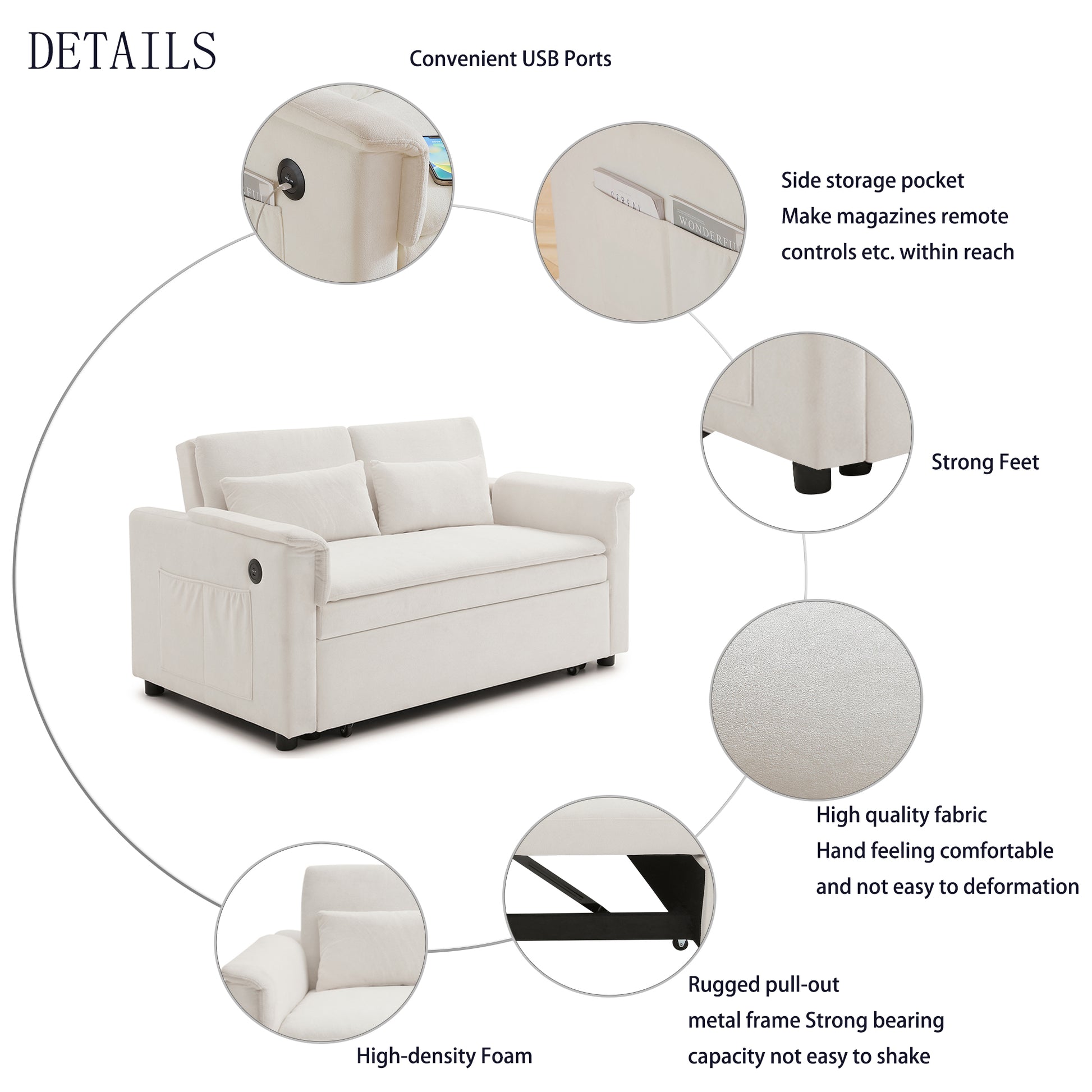 55" Velvet Two Seater Pull Out Sofa Bed, Adjustable Backrest With USB Ports, Two Side Pockets, 3 in 1 Convertible Sleeper Sofa Bed, Modern Love Seat Lounge,2 waist pillows for living rooms,BEIGE image 9