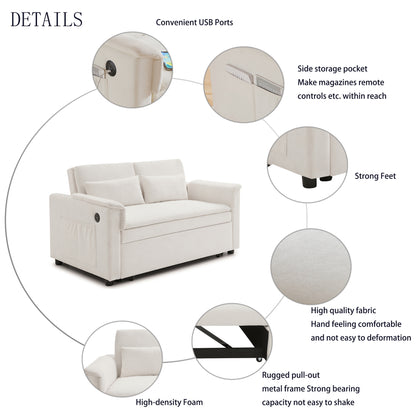 55" Velvet Two Seater Pull Out Sofa Bed, Adjustable Backrest With USB Ports, Two Side Pockets, 3 in 1 Convertible Sleeper Sofa Bed, Modern Love Seat Lounge,2 waist pillows for living rooms,BEIGE image 9