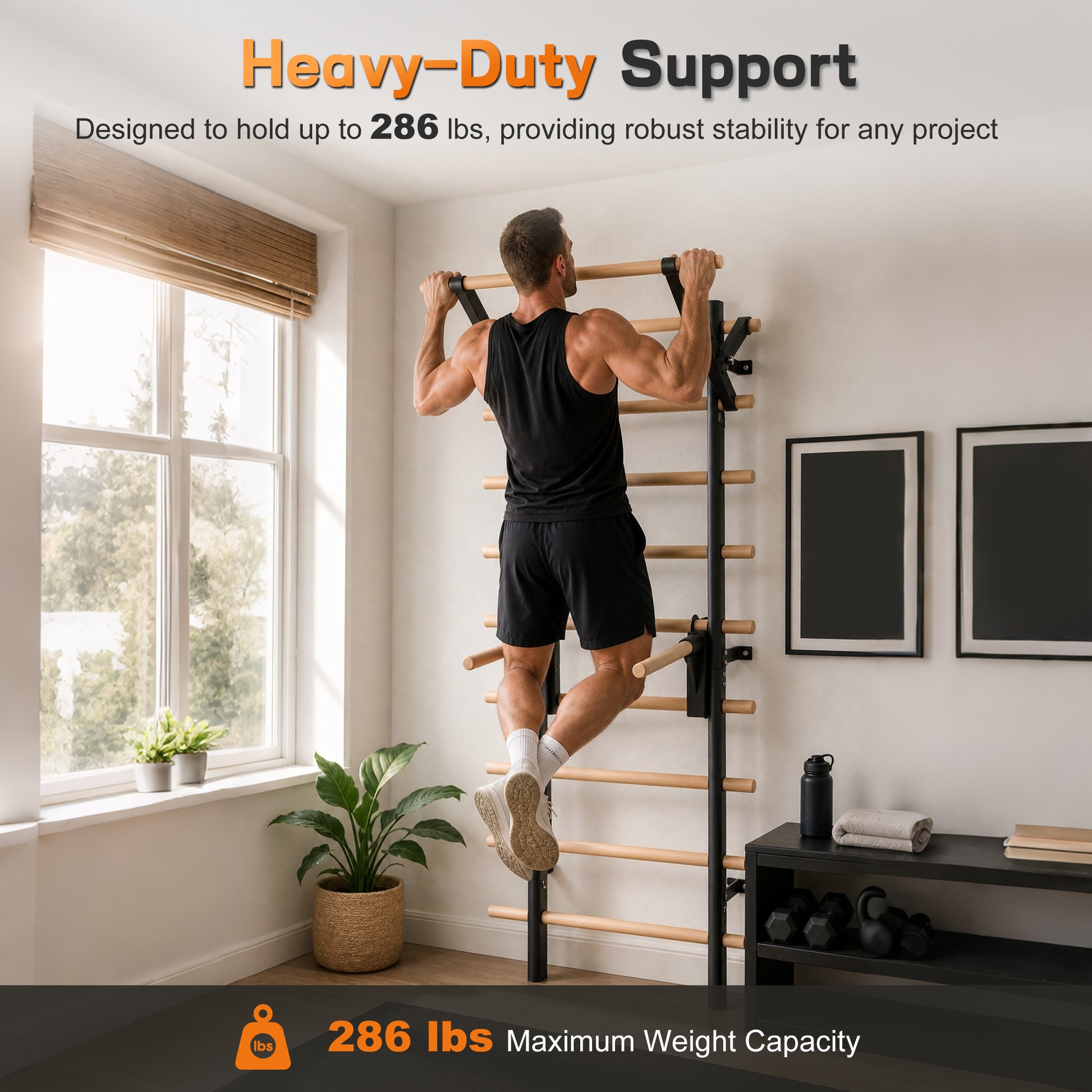 Wall Mount Swedish Ladder Home Gym Training Stall Bar with Adjustable Pull Up Dip Bars & Resistance Straps, Max 286lbs Capacity image 8