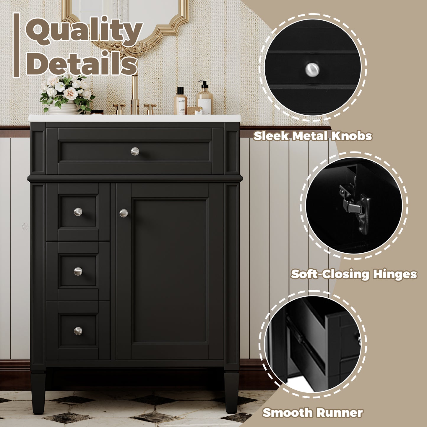 24'' Bathroom Vanity with Top Sink, Modern Bathroom Storage Cabinet with 2 Drawers and a Tip-out Drawer, Single Sink Bathroom Vanity image 7