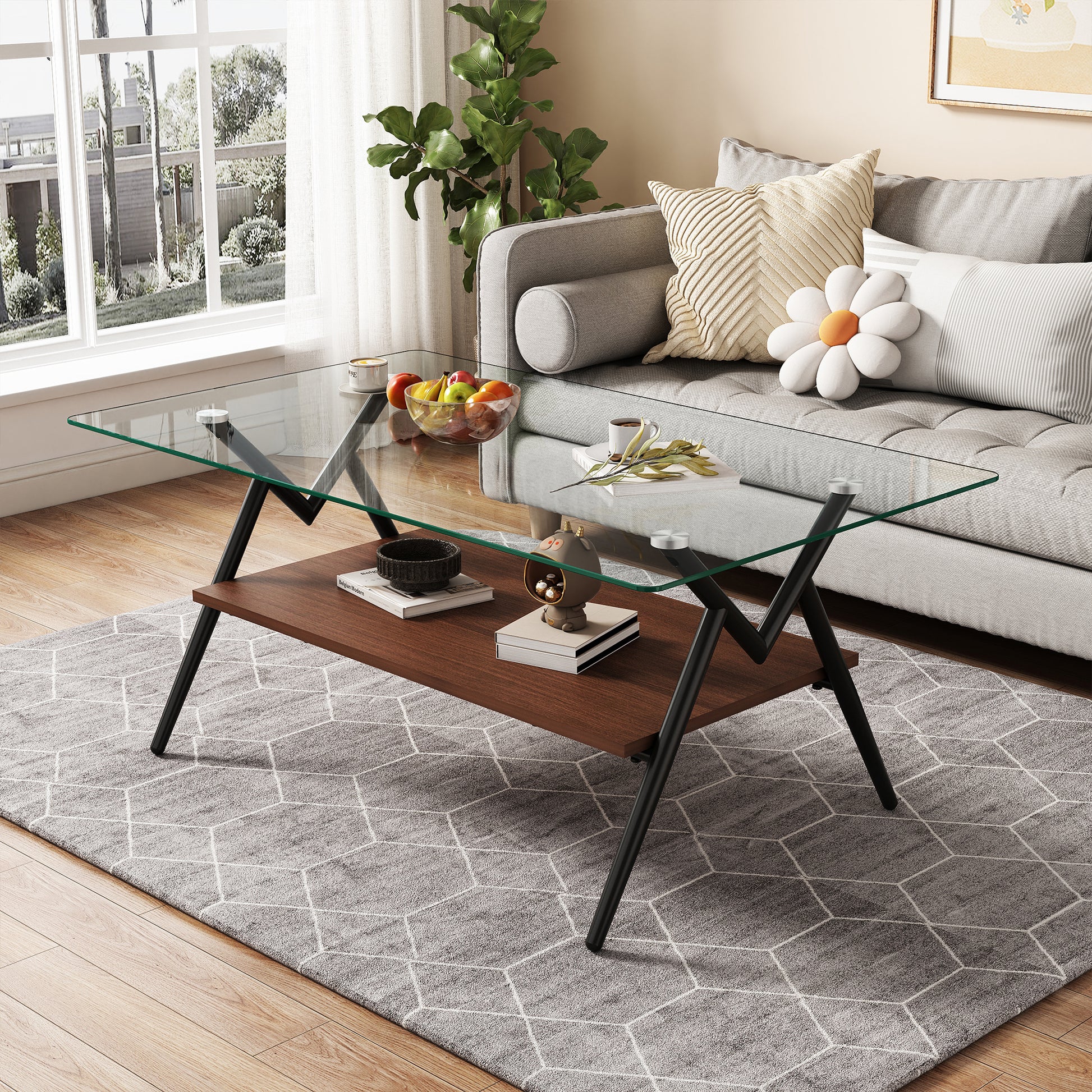 Rectangle Coffee Table with Tempered Glass top and Black Metal Legs, Modern Table for Living Room, Transparent Glass image 4