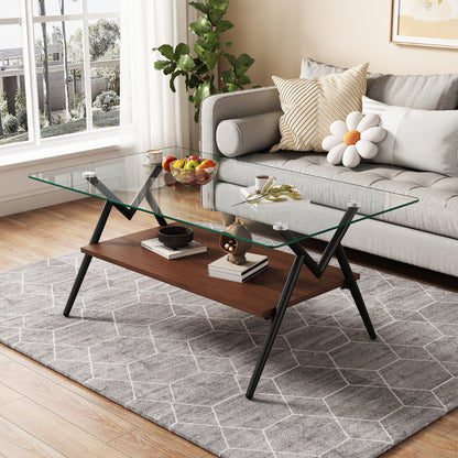 Rectangle Coffee Table with Tempered Glass top and Black Metal Legs, Modern Table for Living Room, Transparent Glass image 4